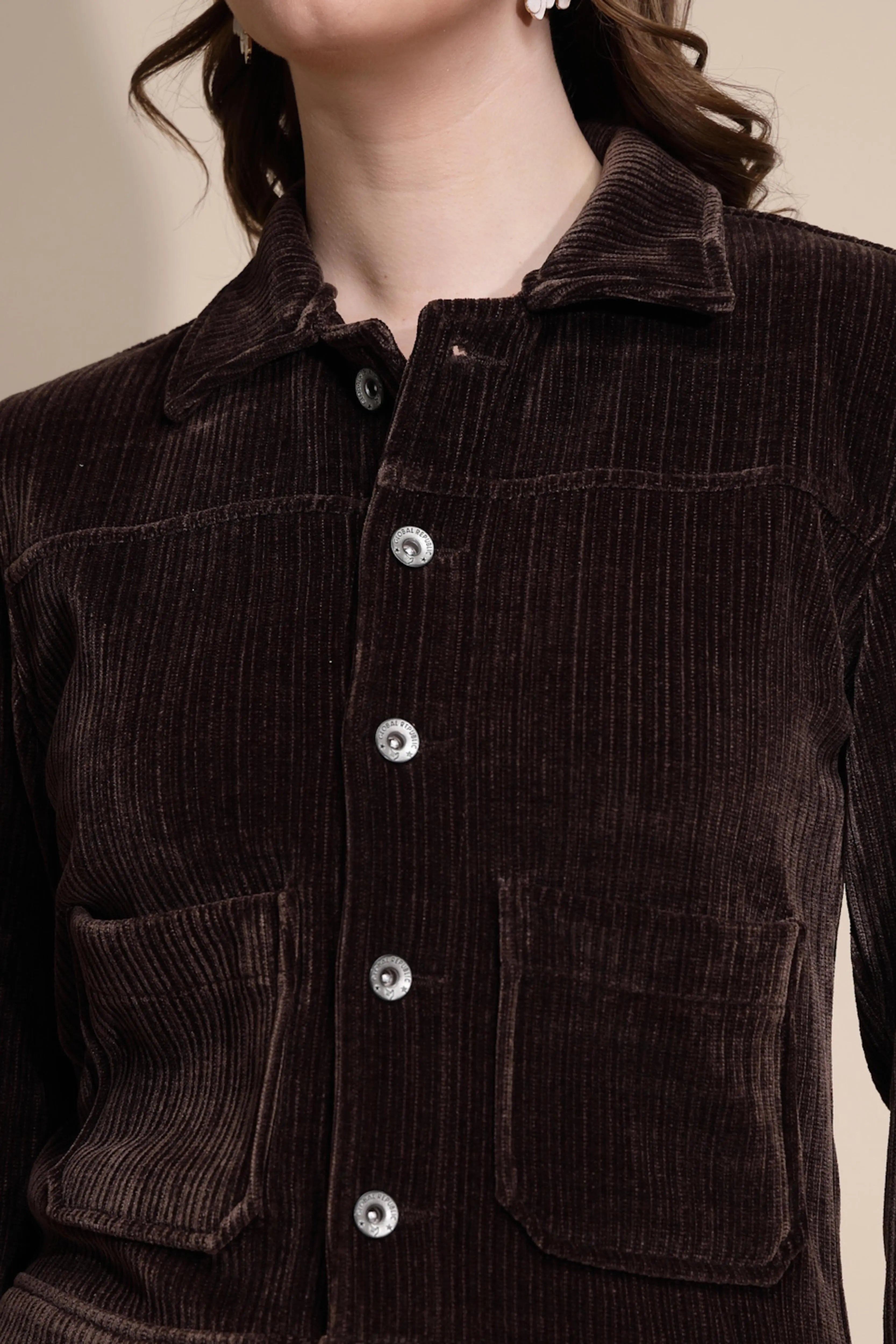 Brown Corduroy Solid Jacket - Global Republic