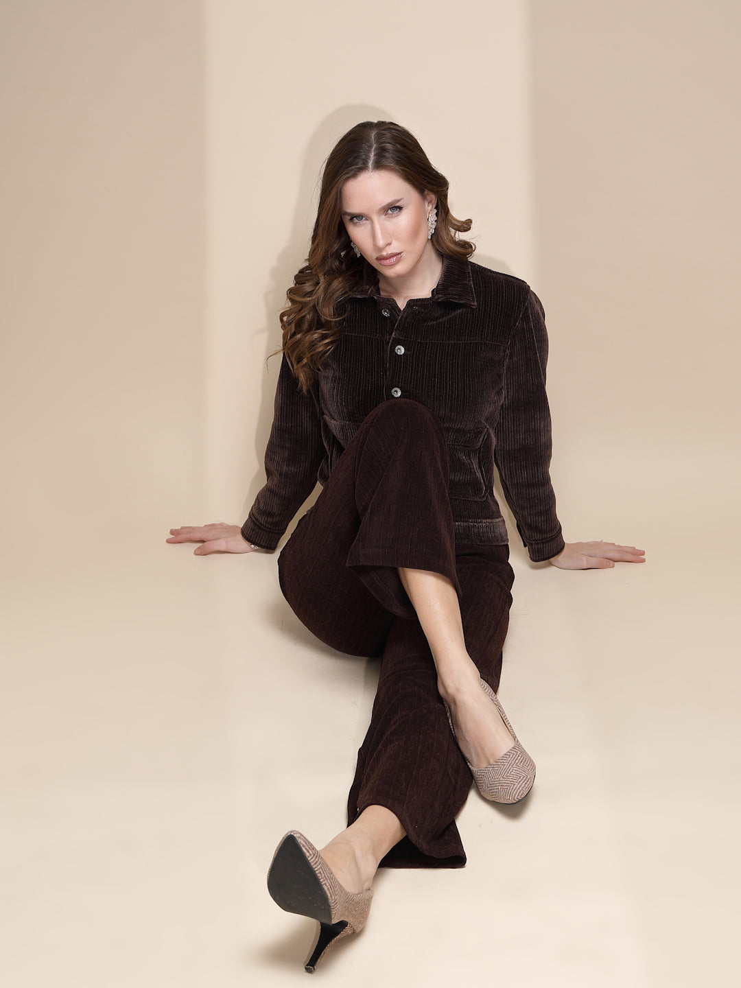 Brown Corduroy Solid Jacket - Global Republic