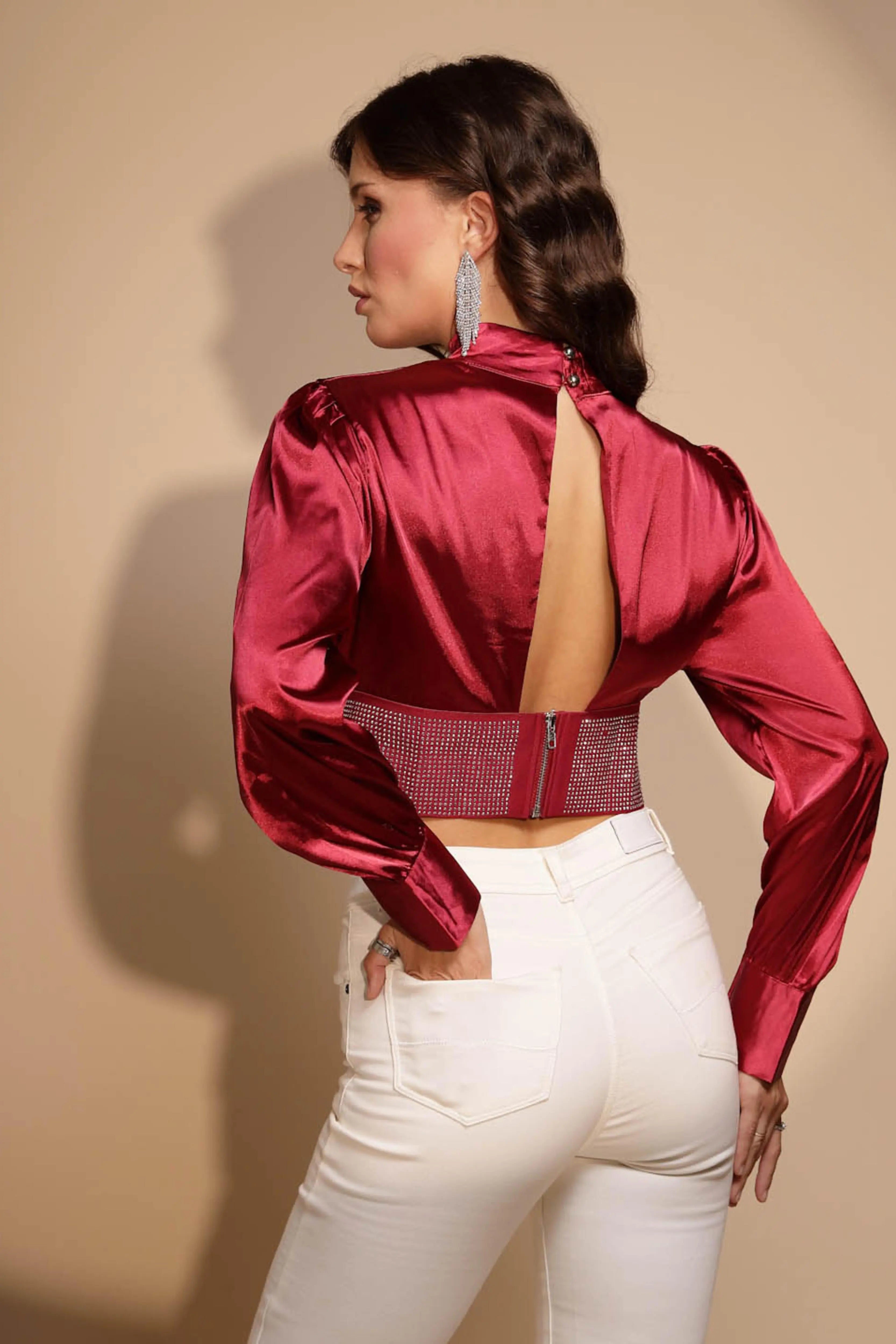 Women's Solid Keyhole Neck Maroon Blouson Top - Global Republic