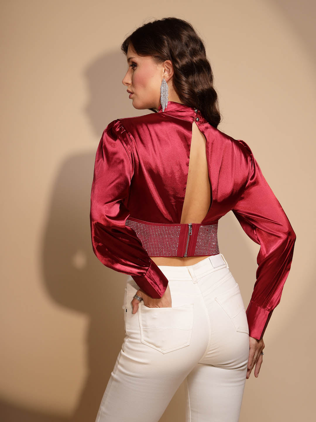 Women's Solid Keyhole Neck Maroon Blouson Top - Global Republic