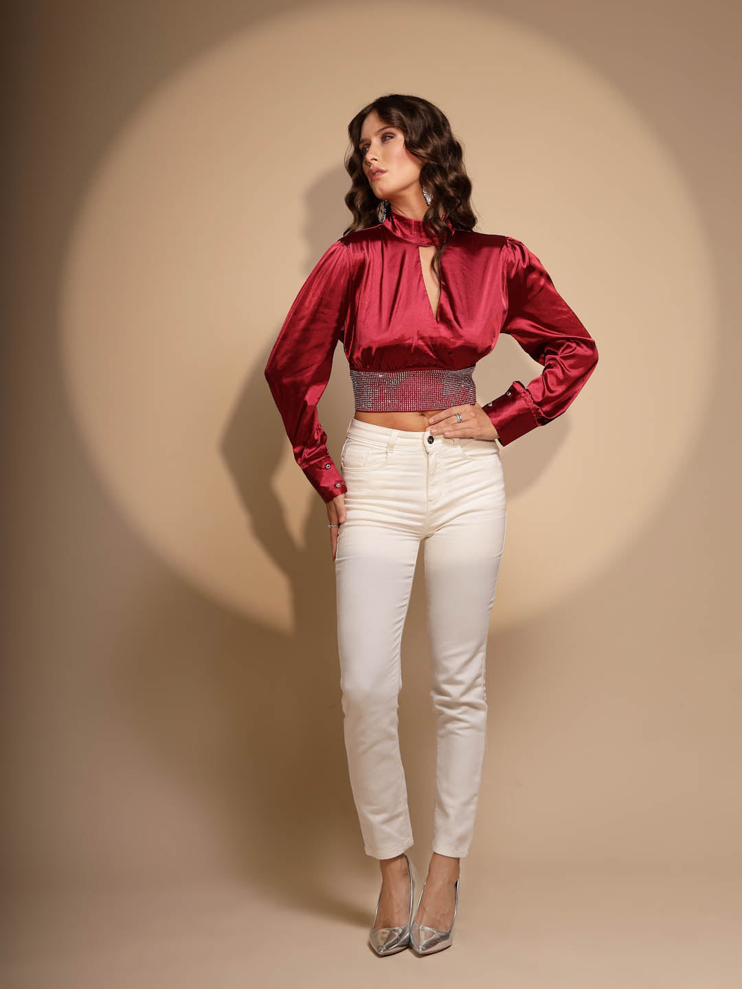 Women's Solid Keyhole Neck Maroon Blouson Top - Global Republic