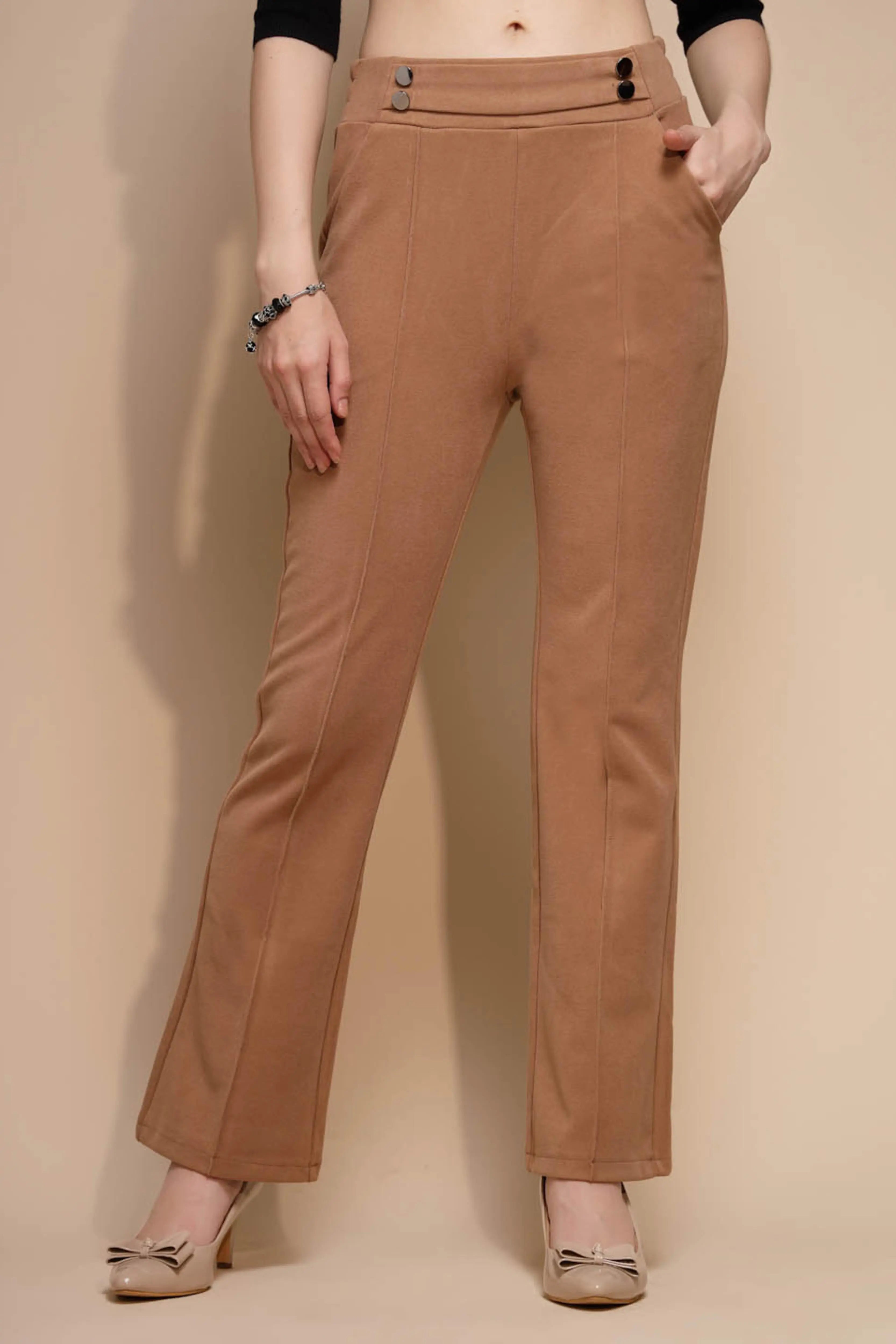 Brown Solid High Rise Trouser For Winter - Global Republic