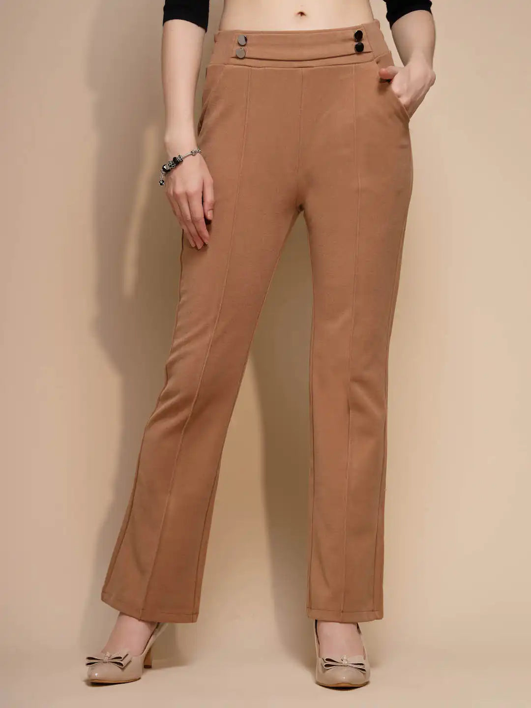 Brown Solid High Rise Trouser