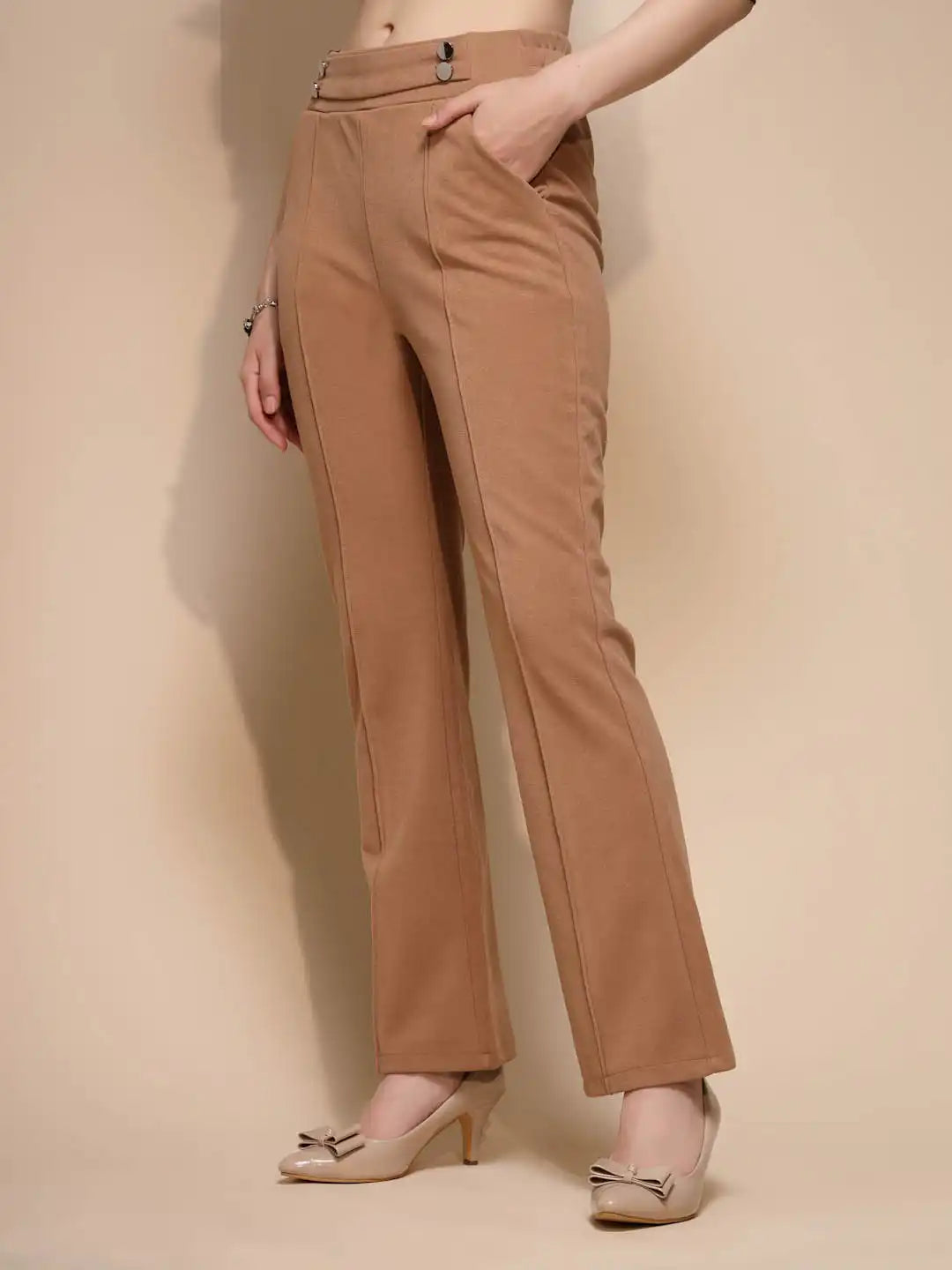 Brown Solid High Rise Trouser For Winter - Global Republic