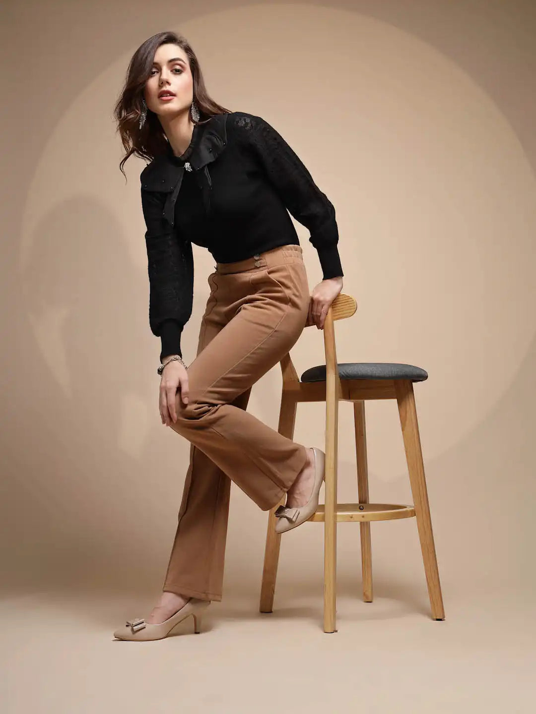 Brown Solid High Rise Trouser For Winter - Global Republic