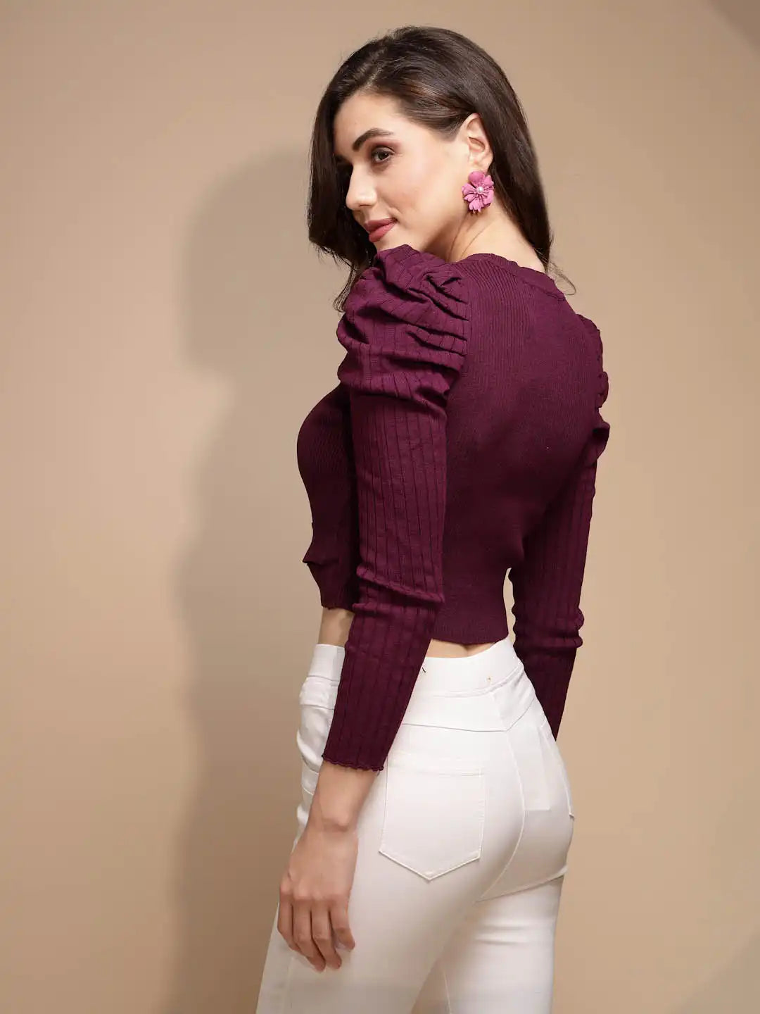 Purple Solid Round Neck Acrylic Pullover - Global Republic