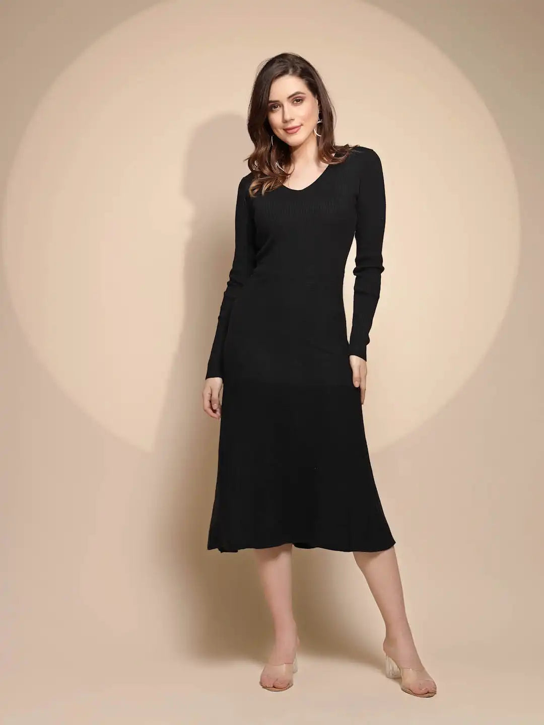 Women V-Neck Black Solid Knitted Long Dress - Global Republic