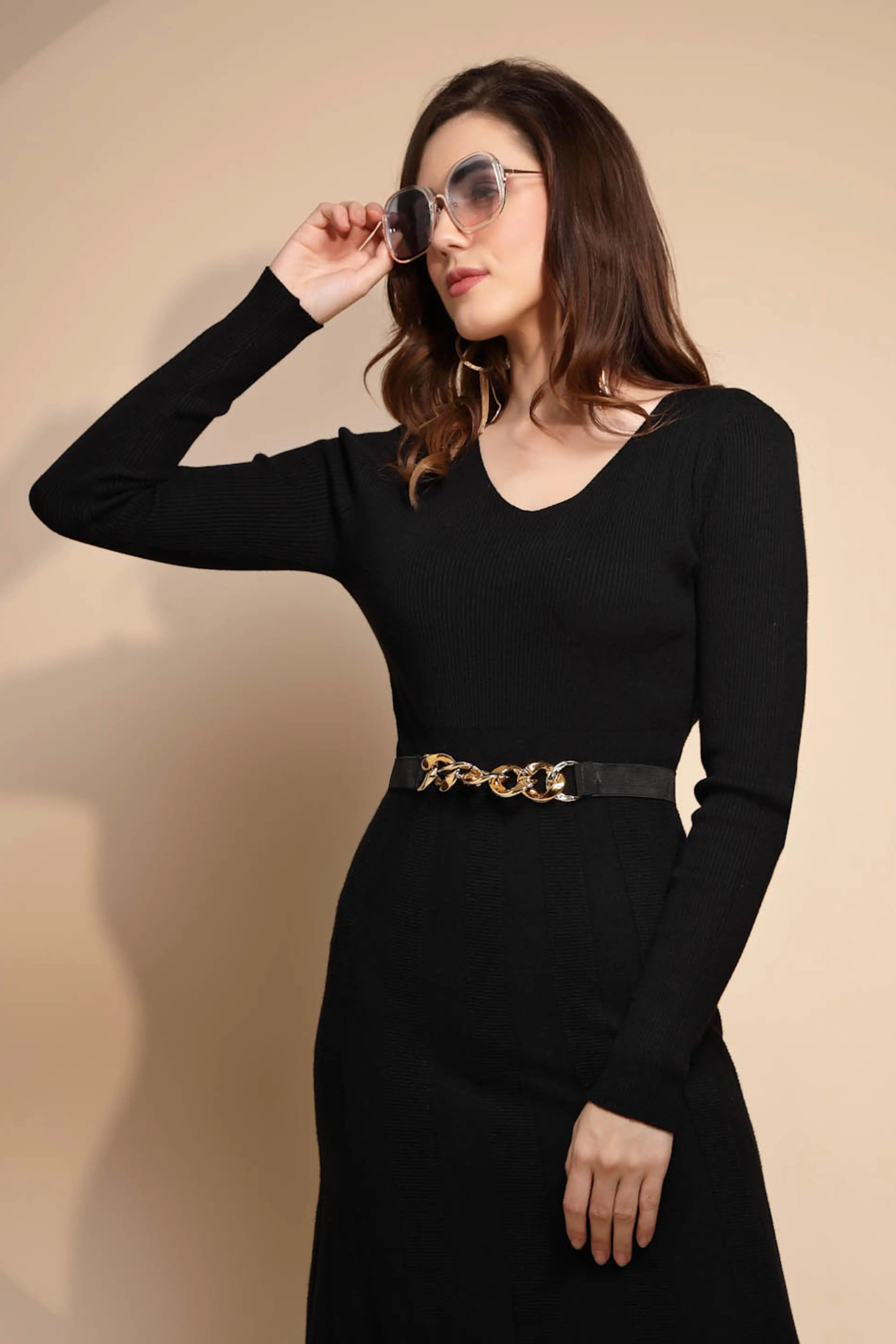 Women V-Neck Black Solid Knitted Long Dress - Global Republic