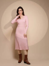 Women's Solid V-Neck Pink Fit and Flare Dress