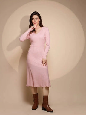 Women's Solid V-Neck Pink Fit and Flare Dress