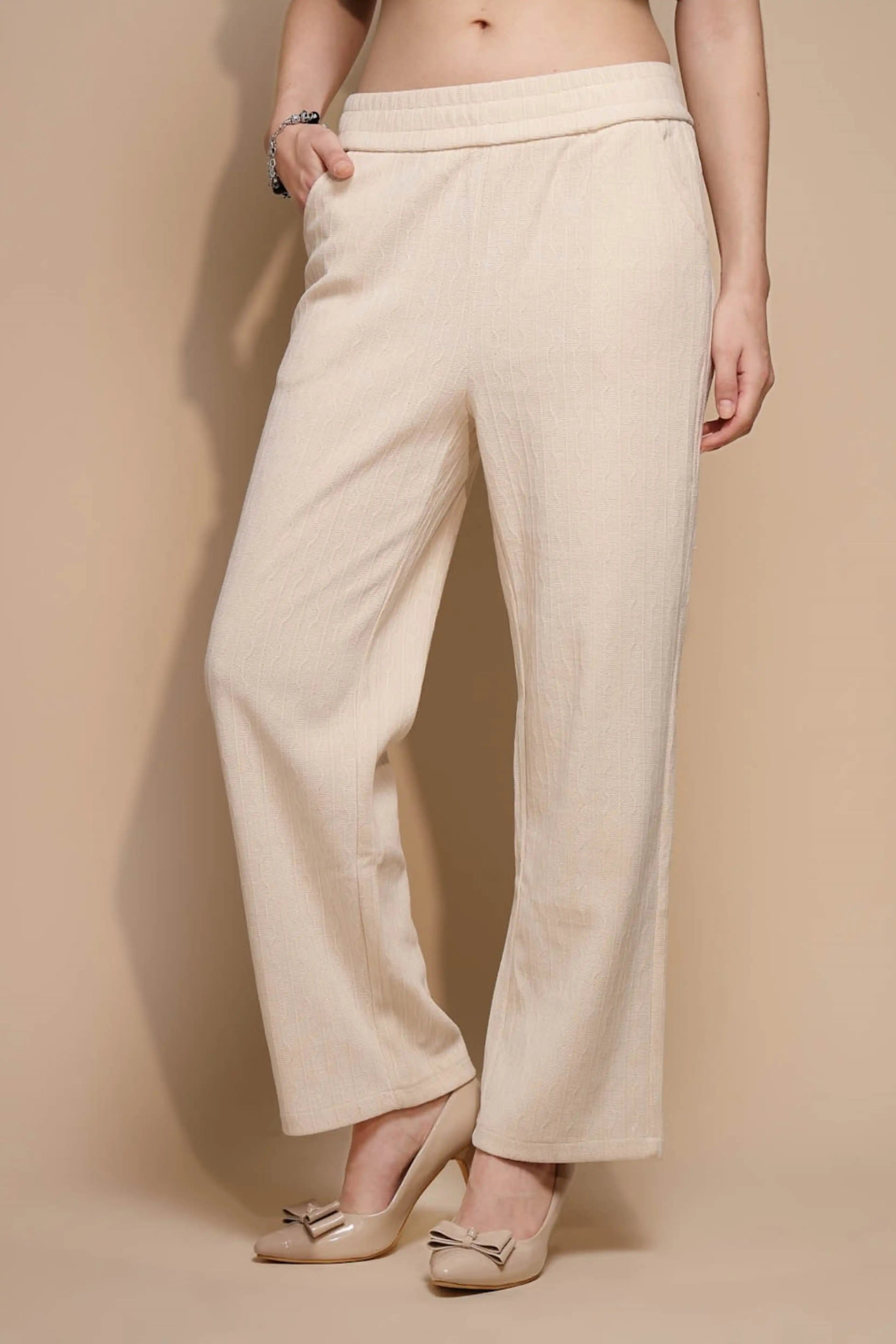 White Solid High Rise Cotton Blend Lower