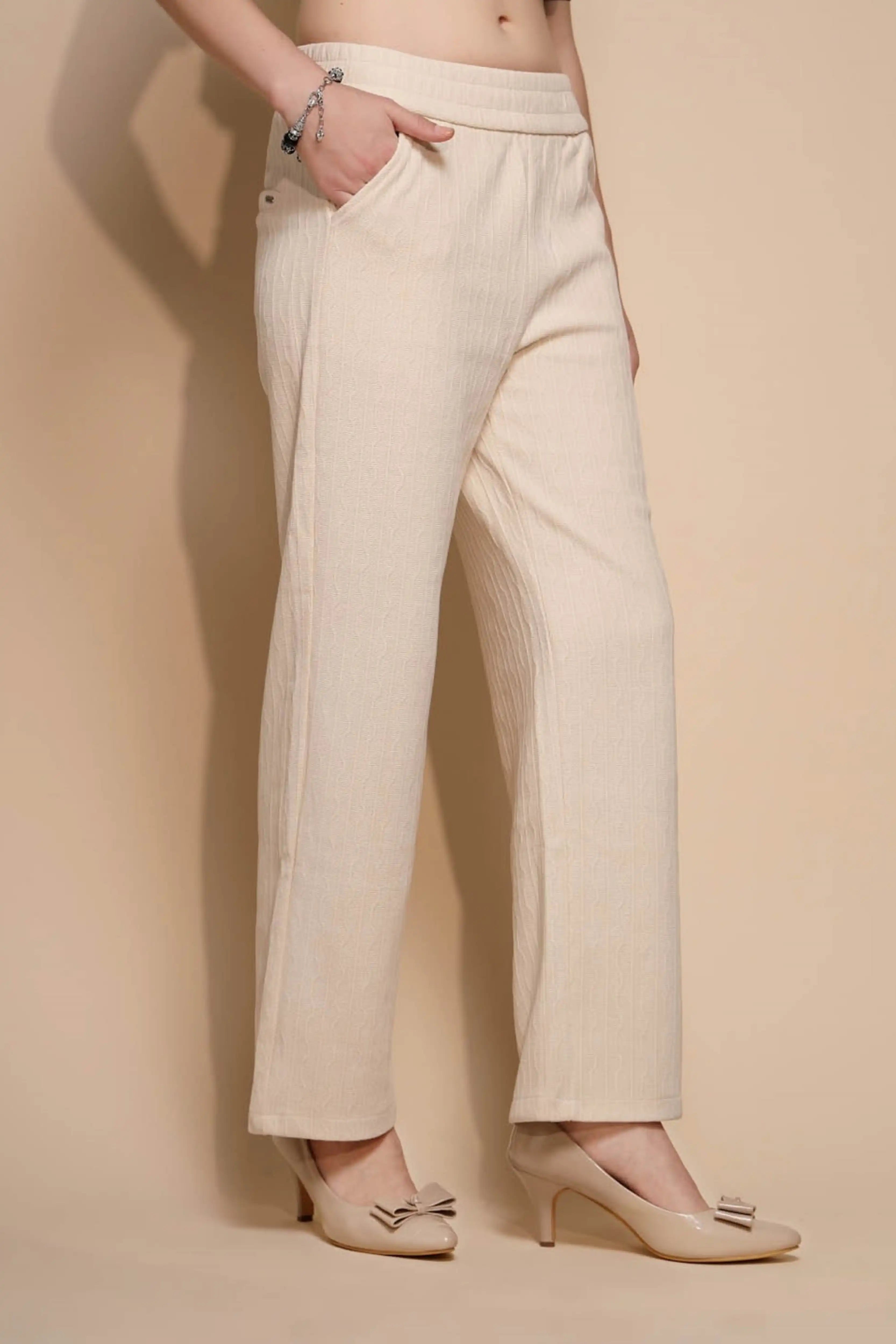 White Solid High Rise Cotton Blend Lower