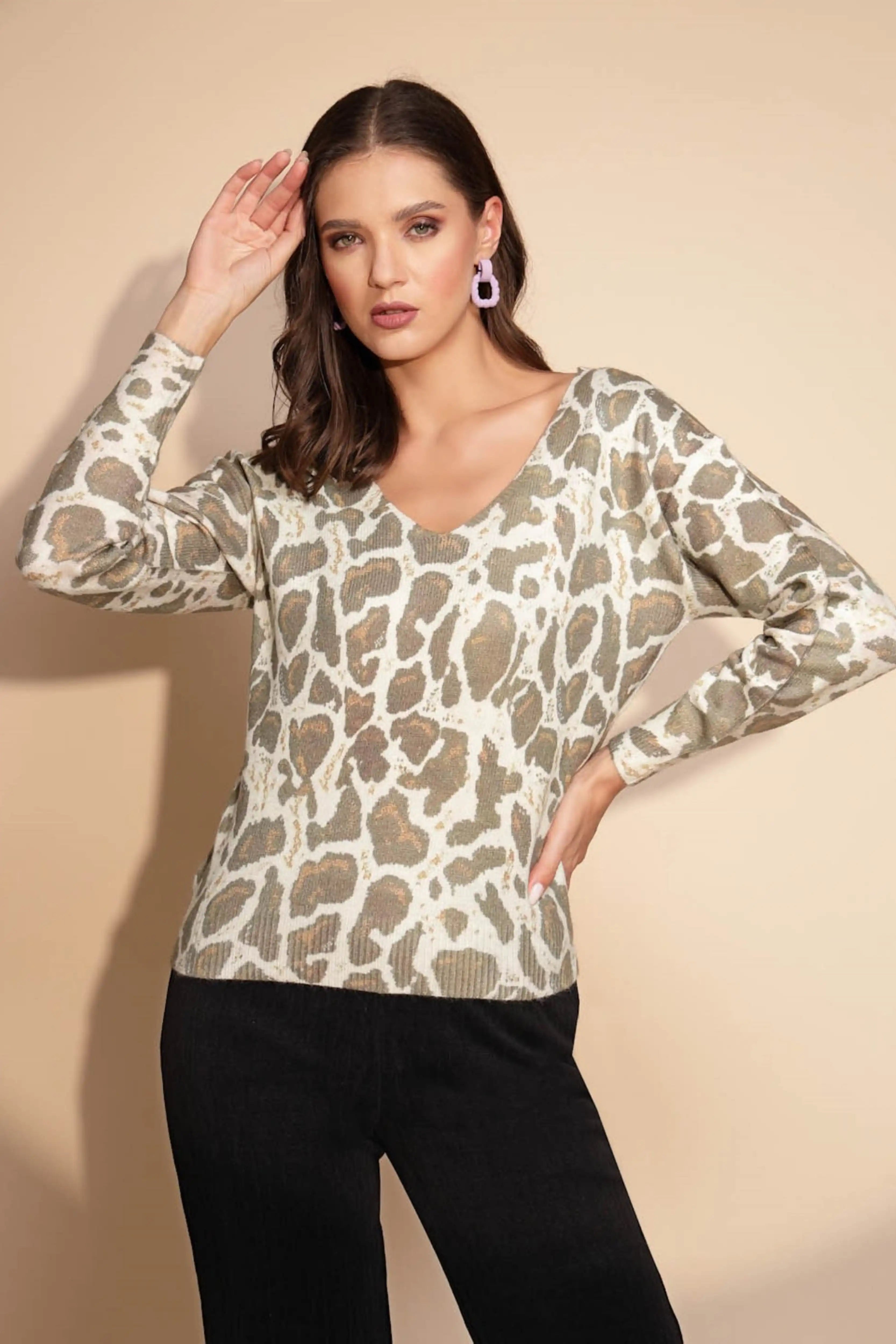 Brown Wool Blend V-Neck Pullover