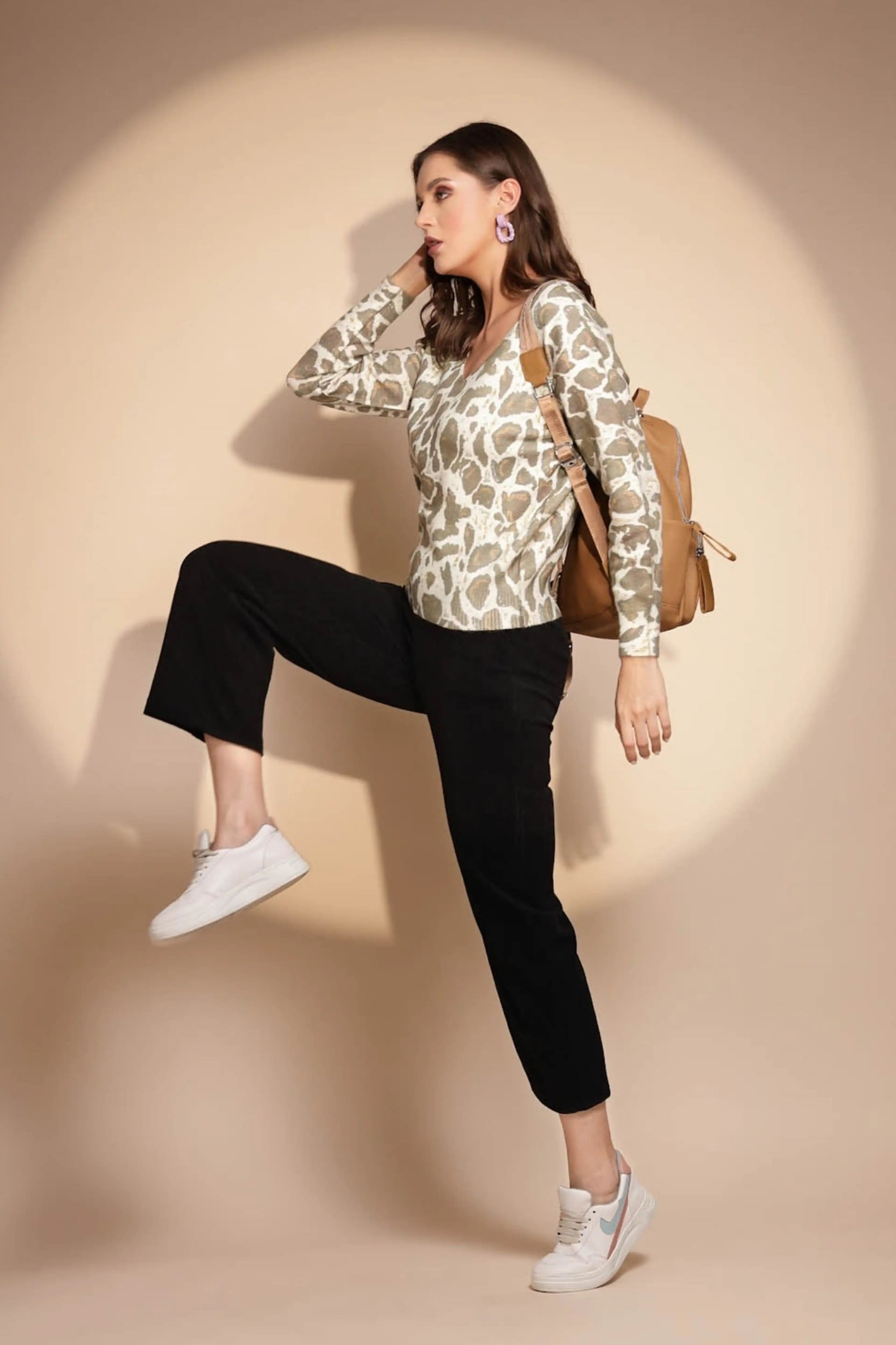 Brown Wool Blend V-Neck Pullover