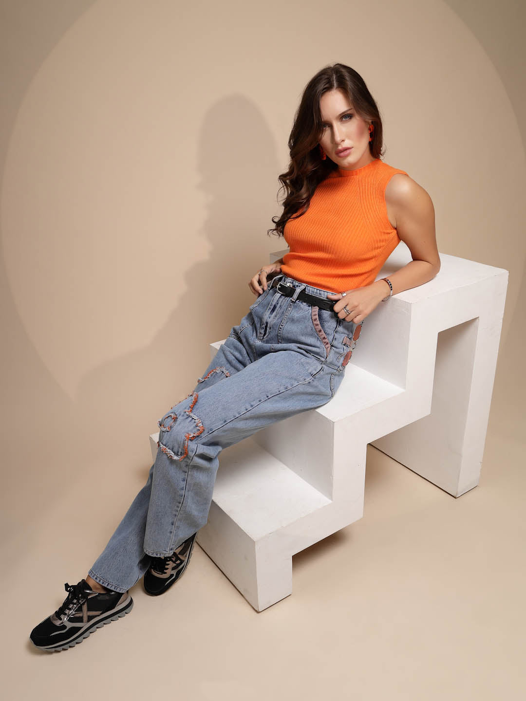 Orange Sleeveless Crew Neck Knit Skivvy - Global Republic