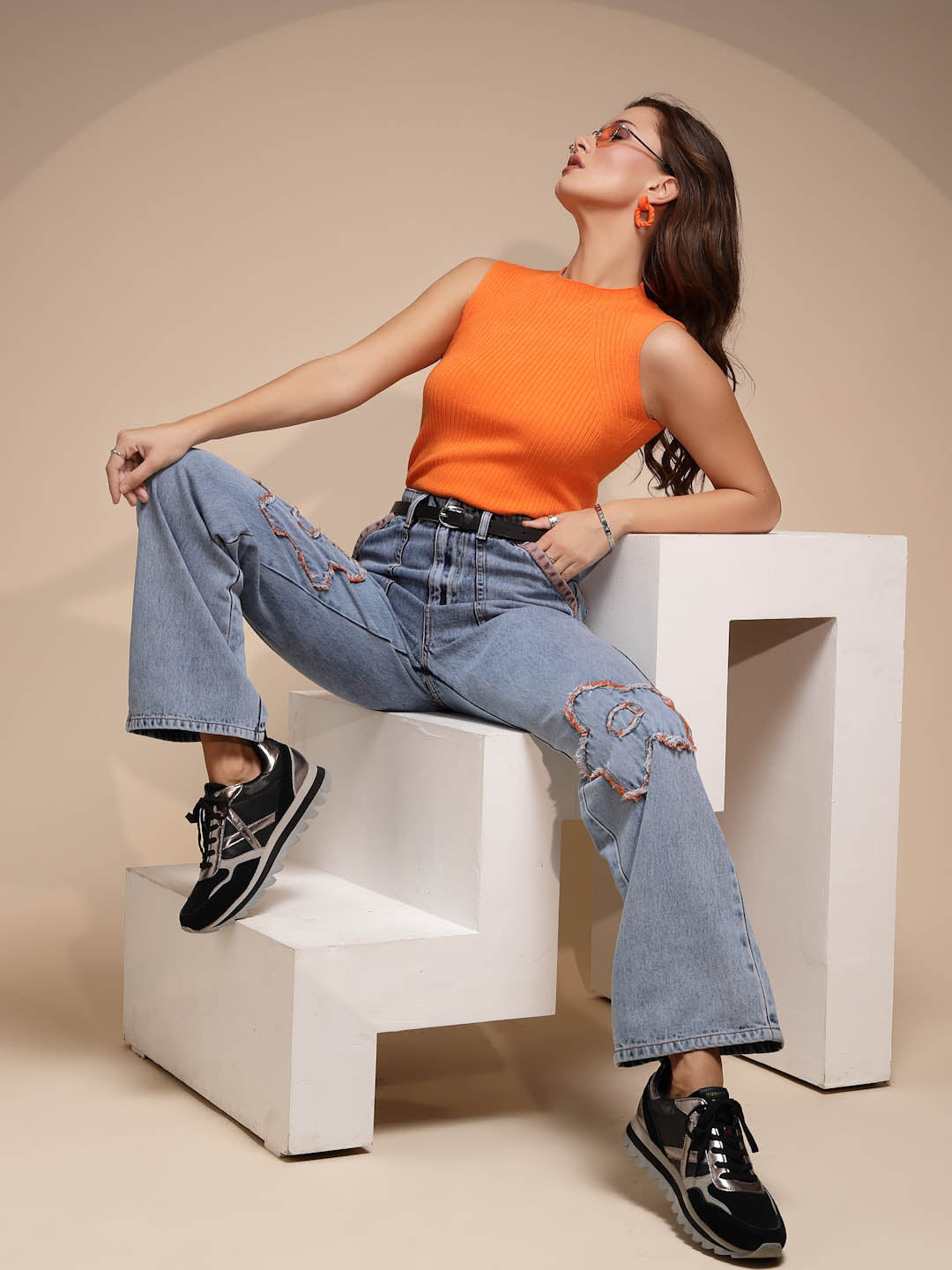 Orange Sleeveless Crew Neck Knit Skivvy - Global Republic