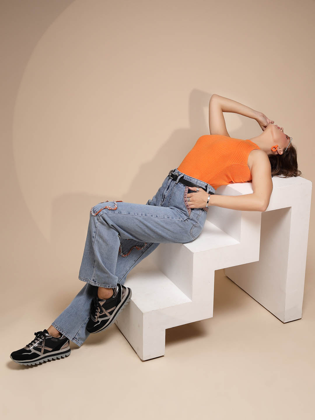 Orange Sleeveless Crew Neck Knit Skivvy - Global Republic