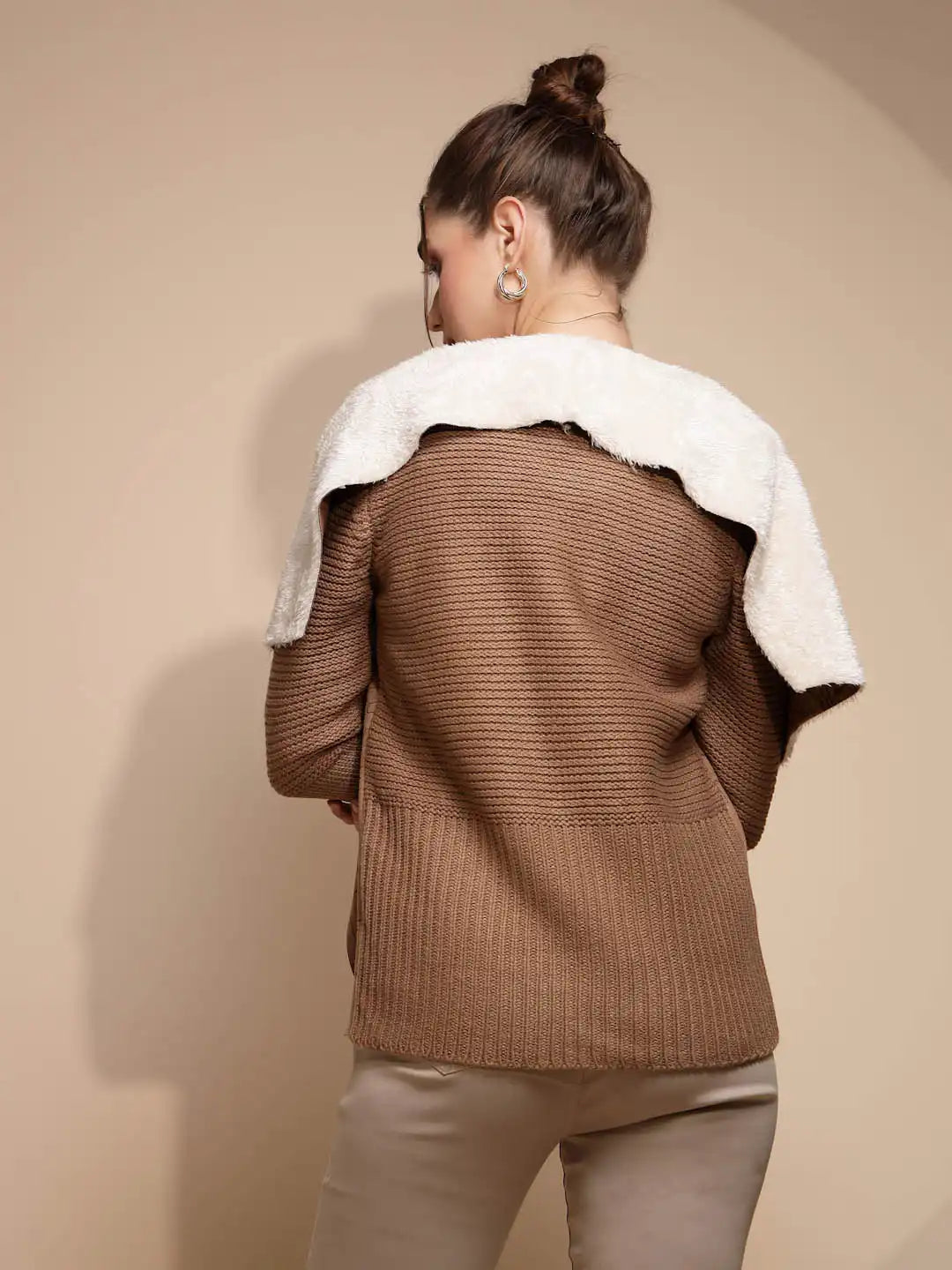 Brown Embossed & Knitted Shrug With Fleece Lining - Global Republic