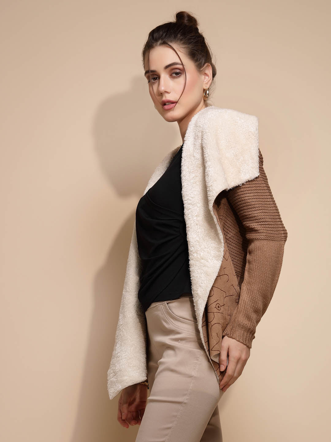 Brown Embossed & Knitted Shrug With Fleece Lining - Global Republic