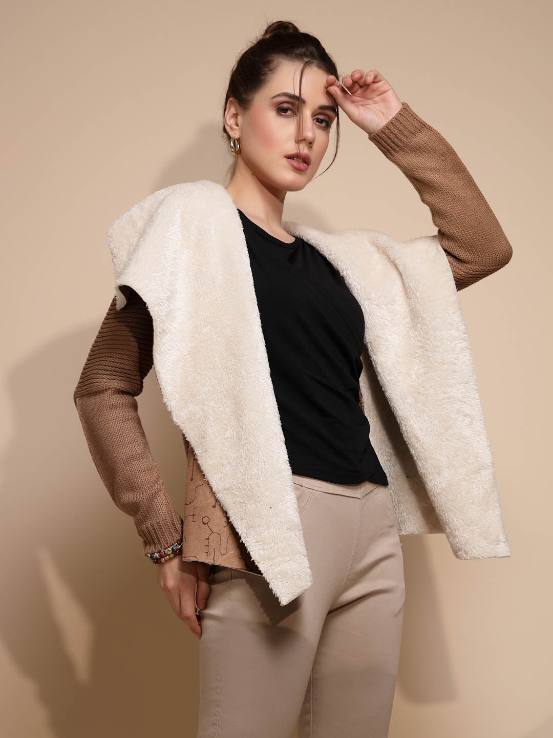 Brown Embossed & Knitted Shrug With Fleece Lining - Global Republic