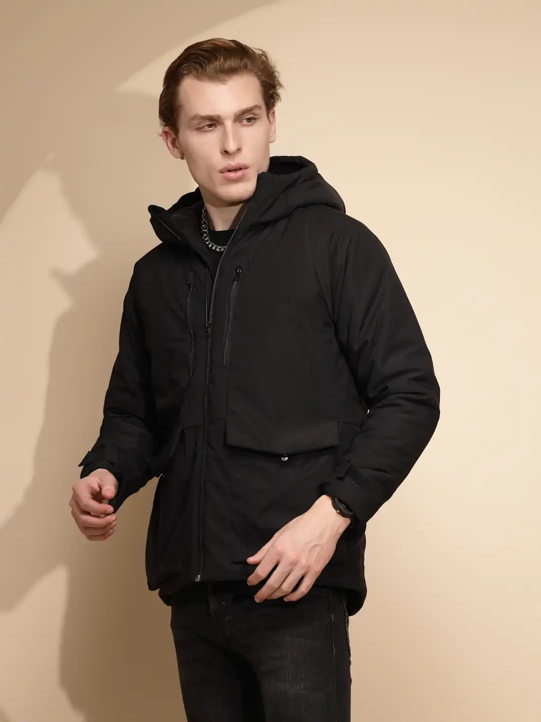 Men Black Solid Full Sleeve Hooded cotton Jacket - Global Republic