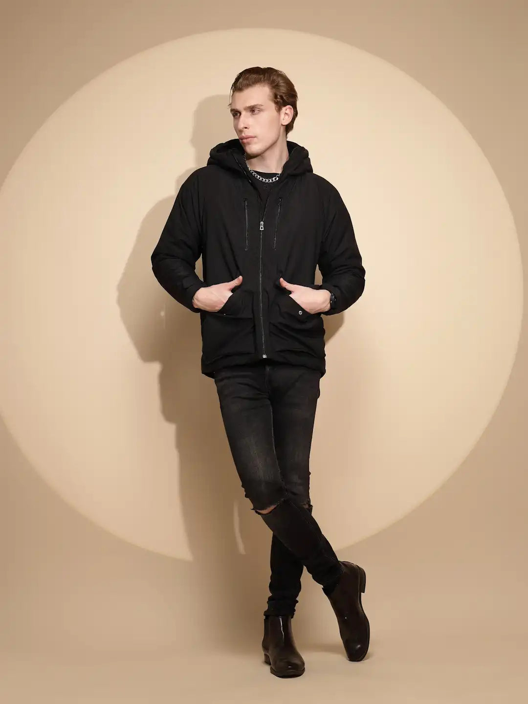 Black Solid Full Sleeve Hooded cotton Jacket - Global Republic