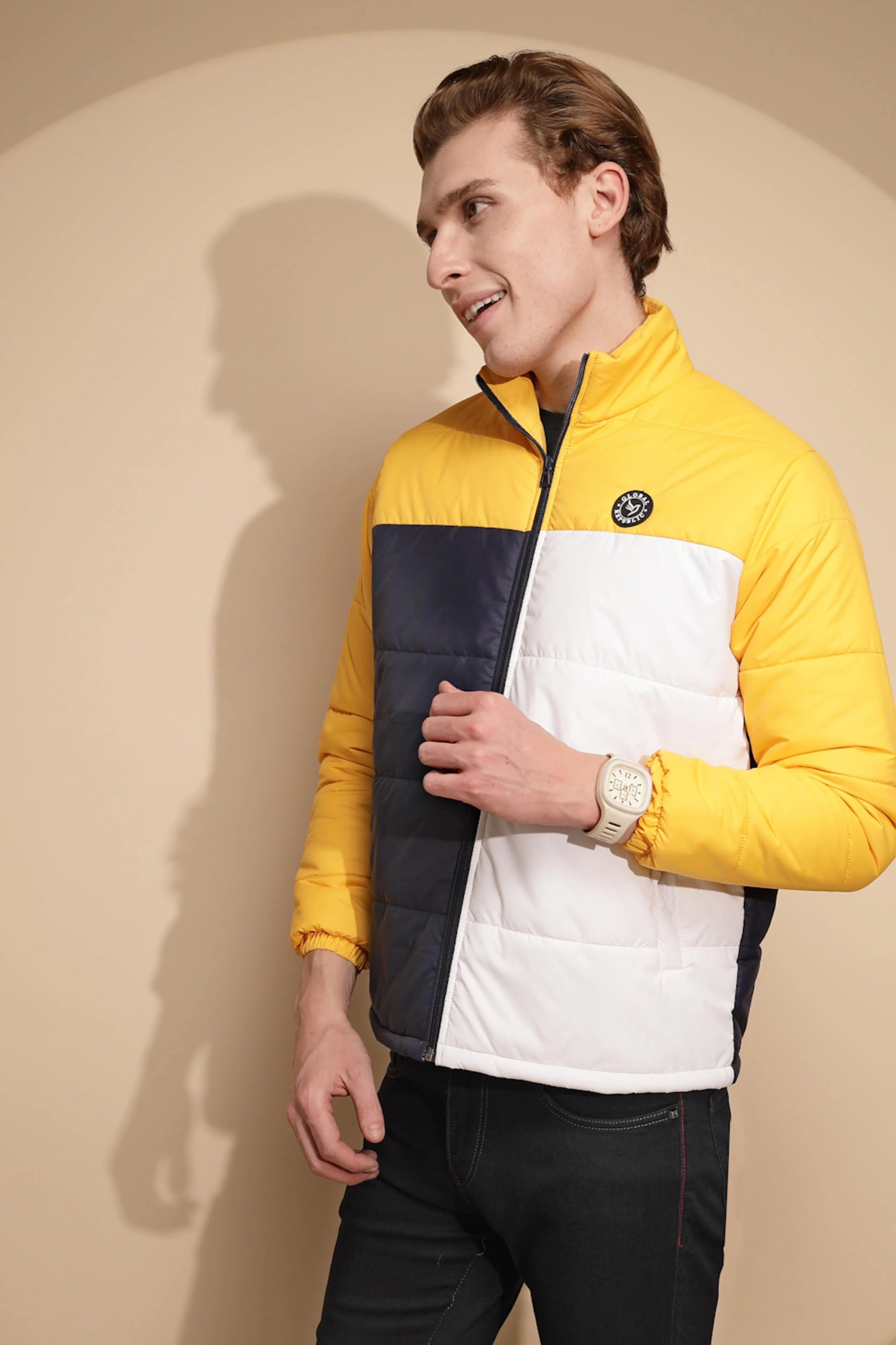 Yellow & White Color Block cotton Jacket - Global Republic