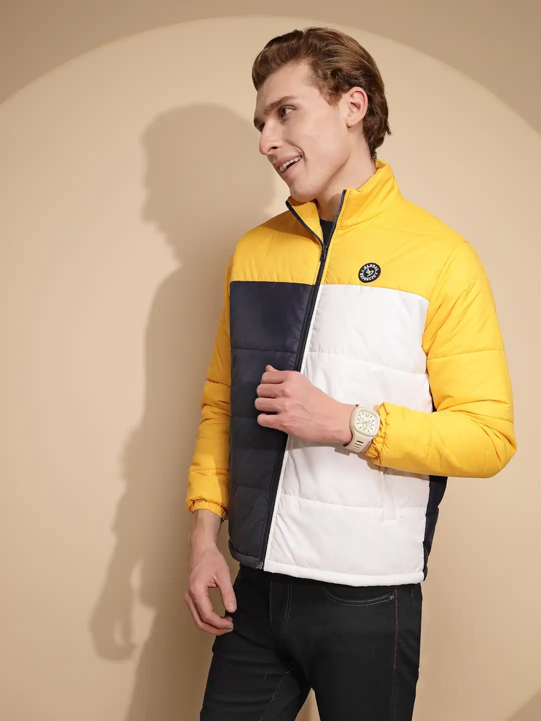 Yellow & White Color Block cotton Jacket - Global Republic