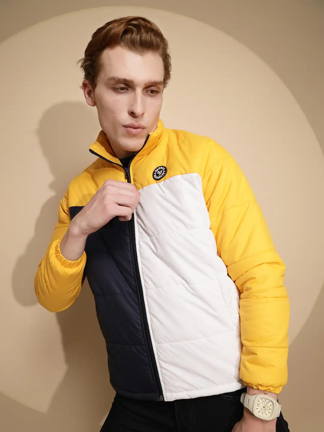 Yellow & White Color Block cotton Jacket - Global Republic