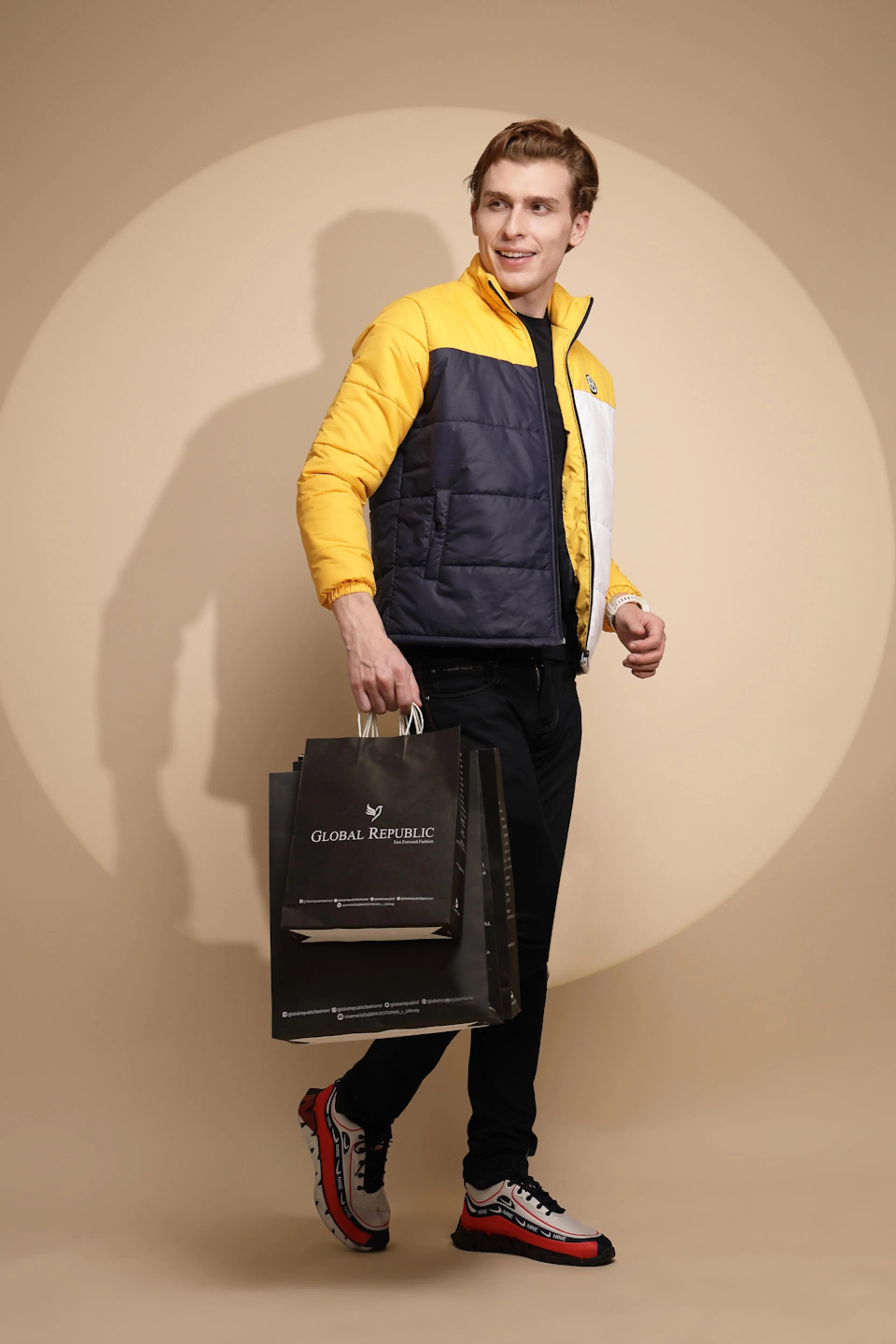 Yellow & White Color Block cotton Jacket - Global Republic