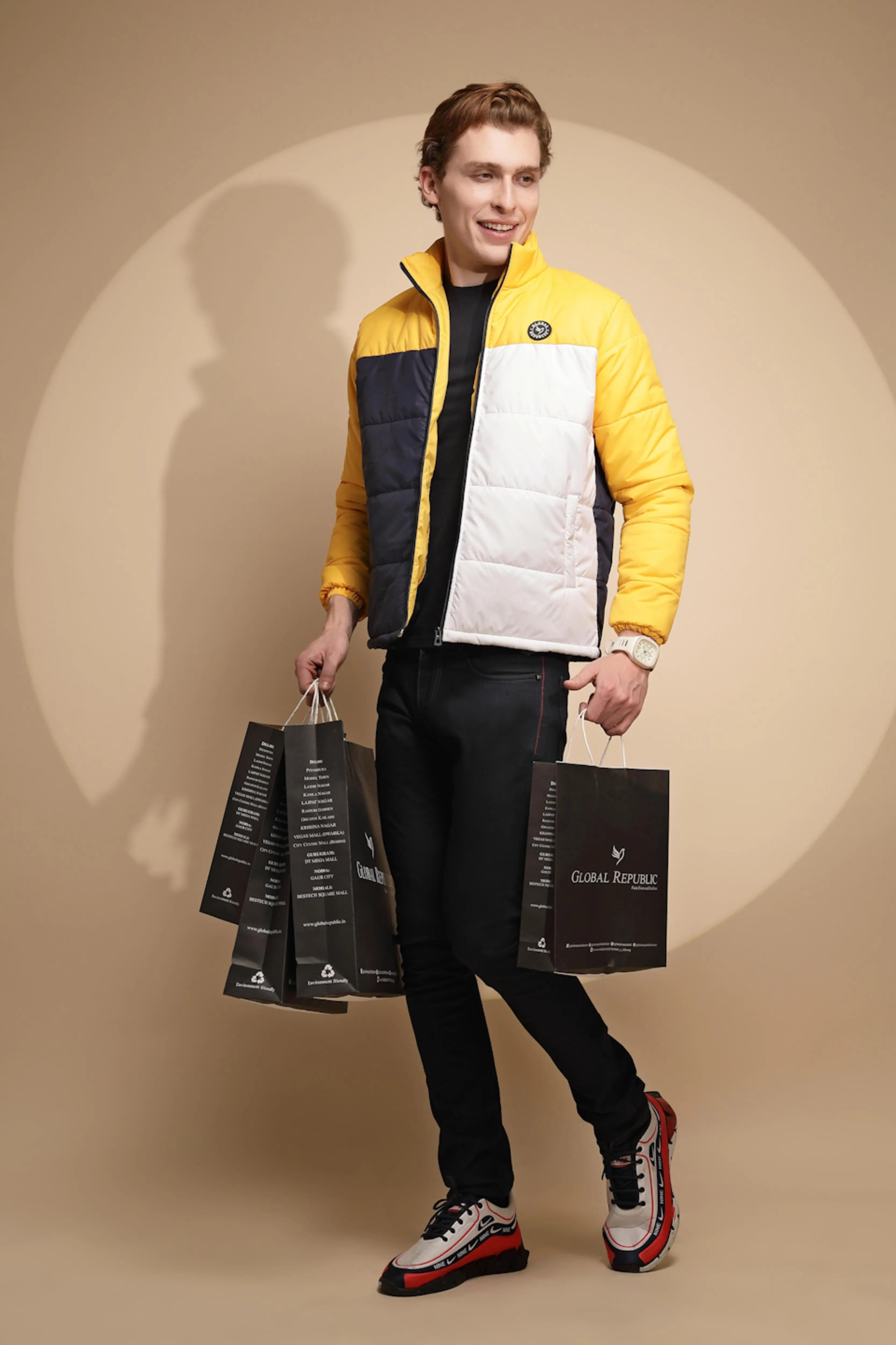 Yellow & White Color Block cotton Jacket - Global Republic