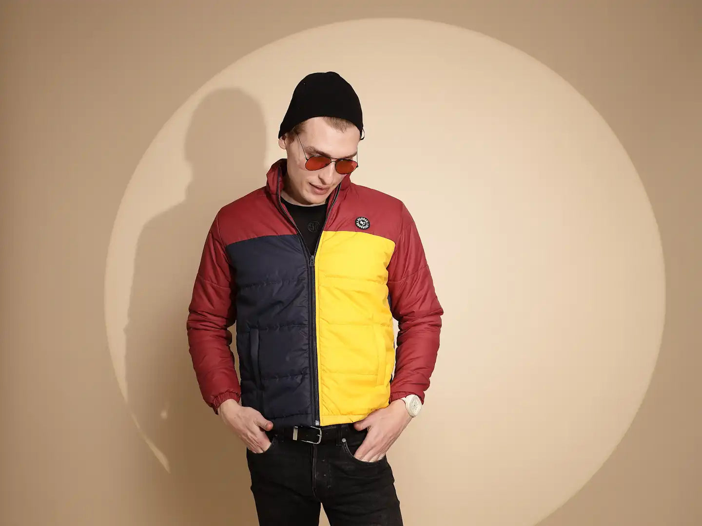 Men Red and Yellow Color Block Full Sleeve Turtle Neck Polycotton Jacket