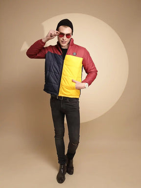 Men Red and Yellow Color Block Full Sleeve Turtle Neck Polycotton Jacket