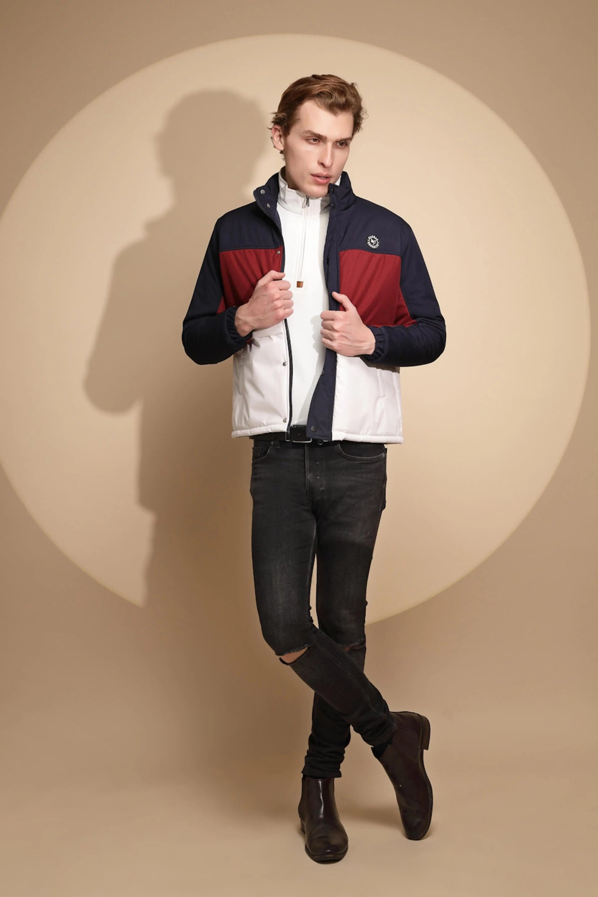 Men Navy and White Color Block Full Sleeve Turtle Neck cotton Jacket - Global Republic