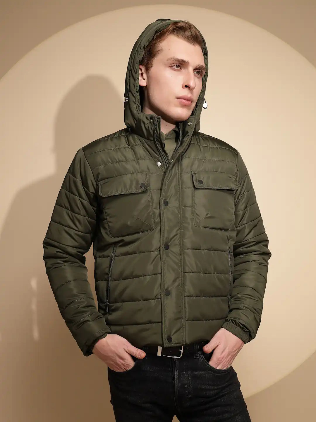Men Olive Solid Full Sleeve Polycotton Hooded Puffer Jacket