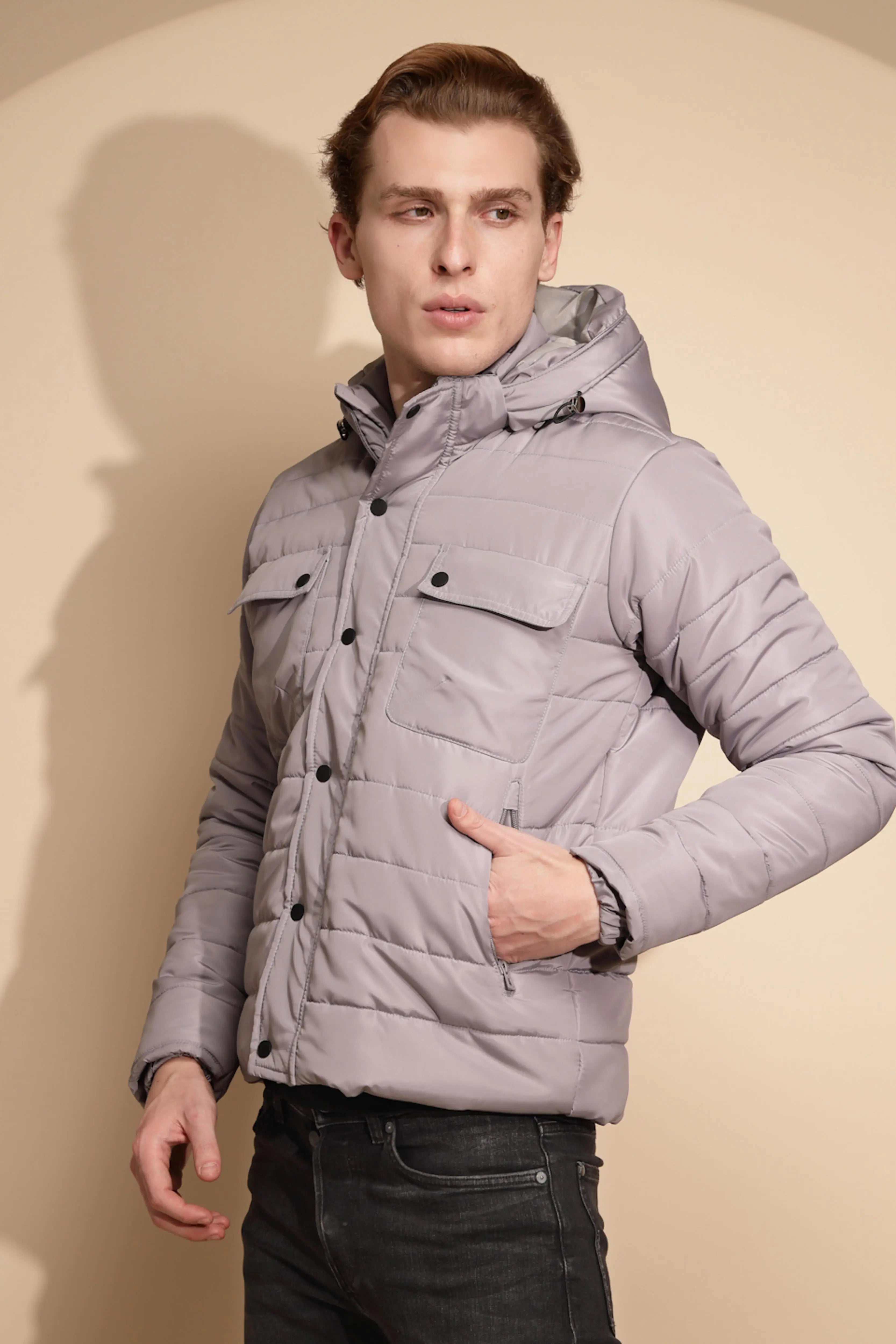 Men Light Grey Solid Full Sleeve cotton Hooded Puffer Jacket - Global Republic