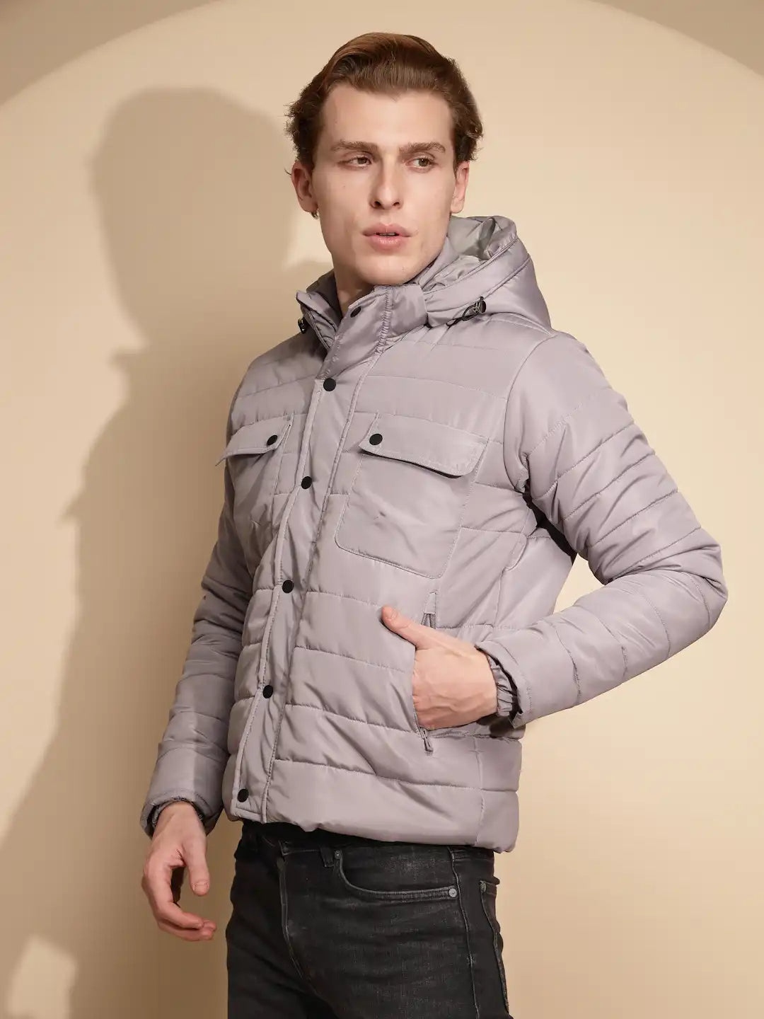 Men Light Grey Solid Full Sleeve cotton Hooded Puffer Jacket - Global Republic