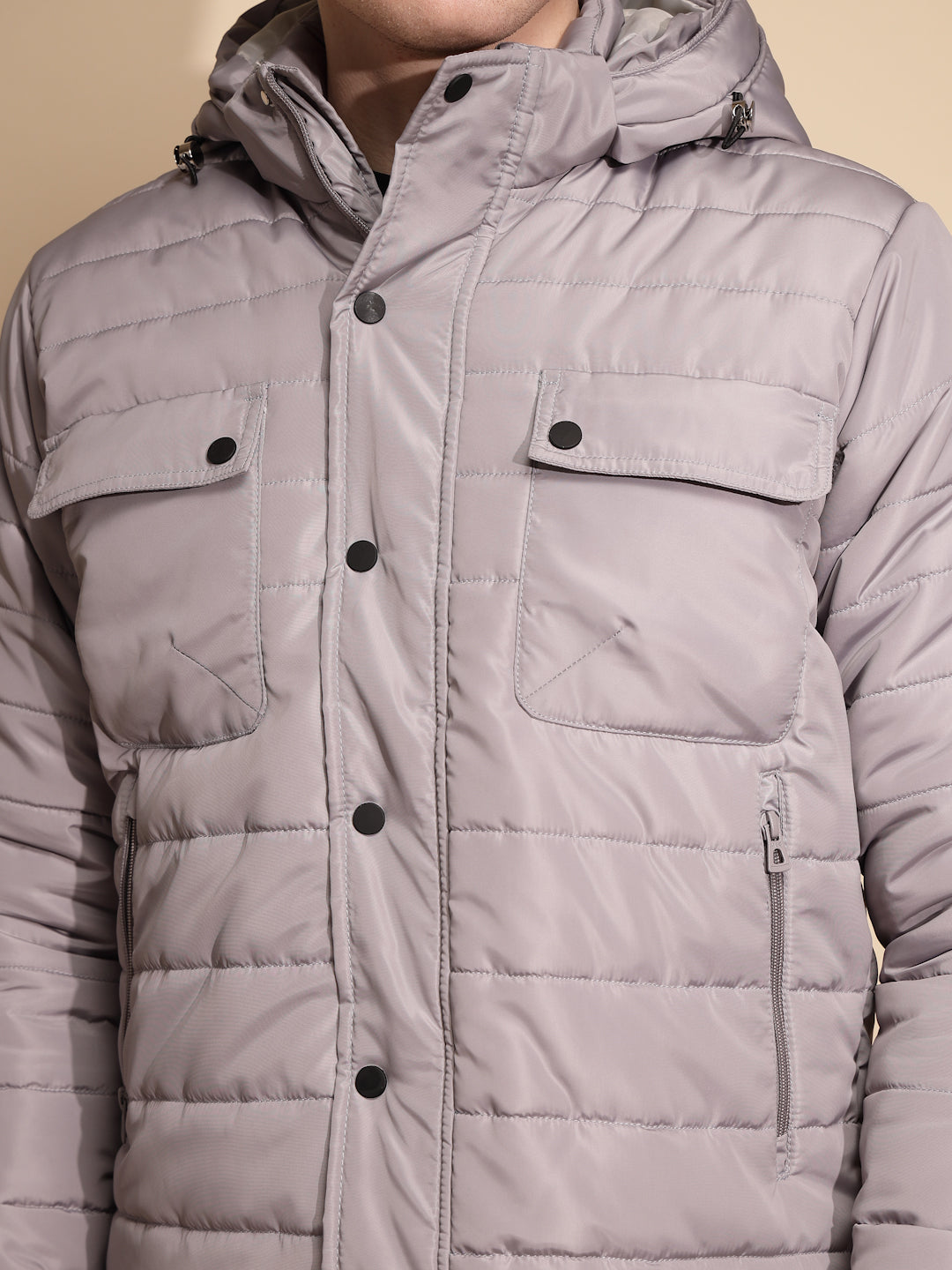 Men Light Grey Solid Full Sleeve cotton Hooded Puffer Jacket - Global Republic