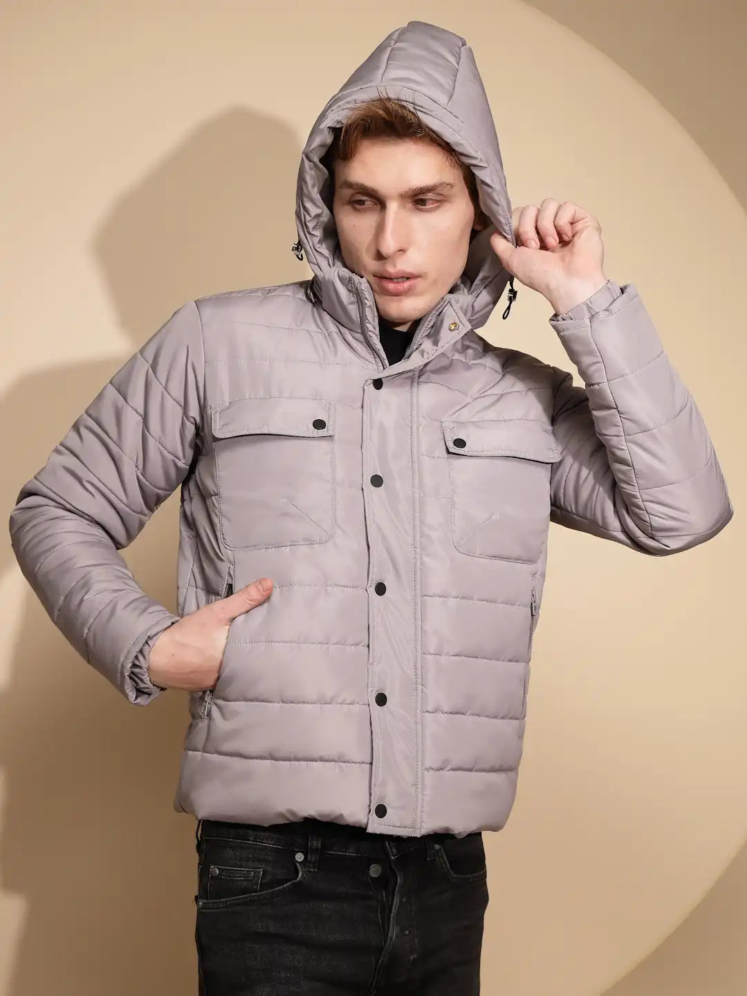Men Light Grey Solid Full Sleeve cotton Hooded Puffer Jacket - Global Republic