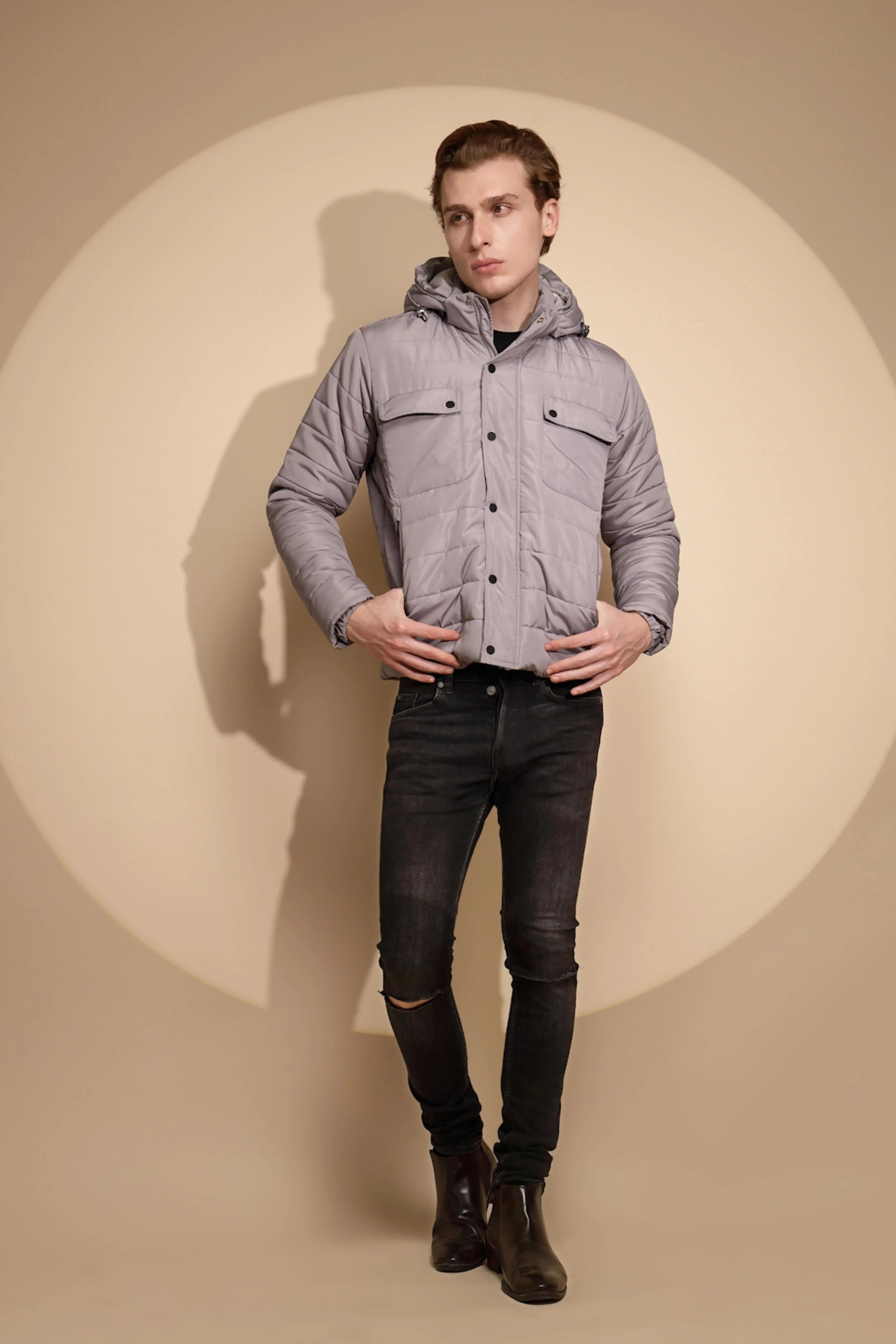 Light Grey Solid Full Sleeve cotton Hooded Puffer Jacket - Global Republic