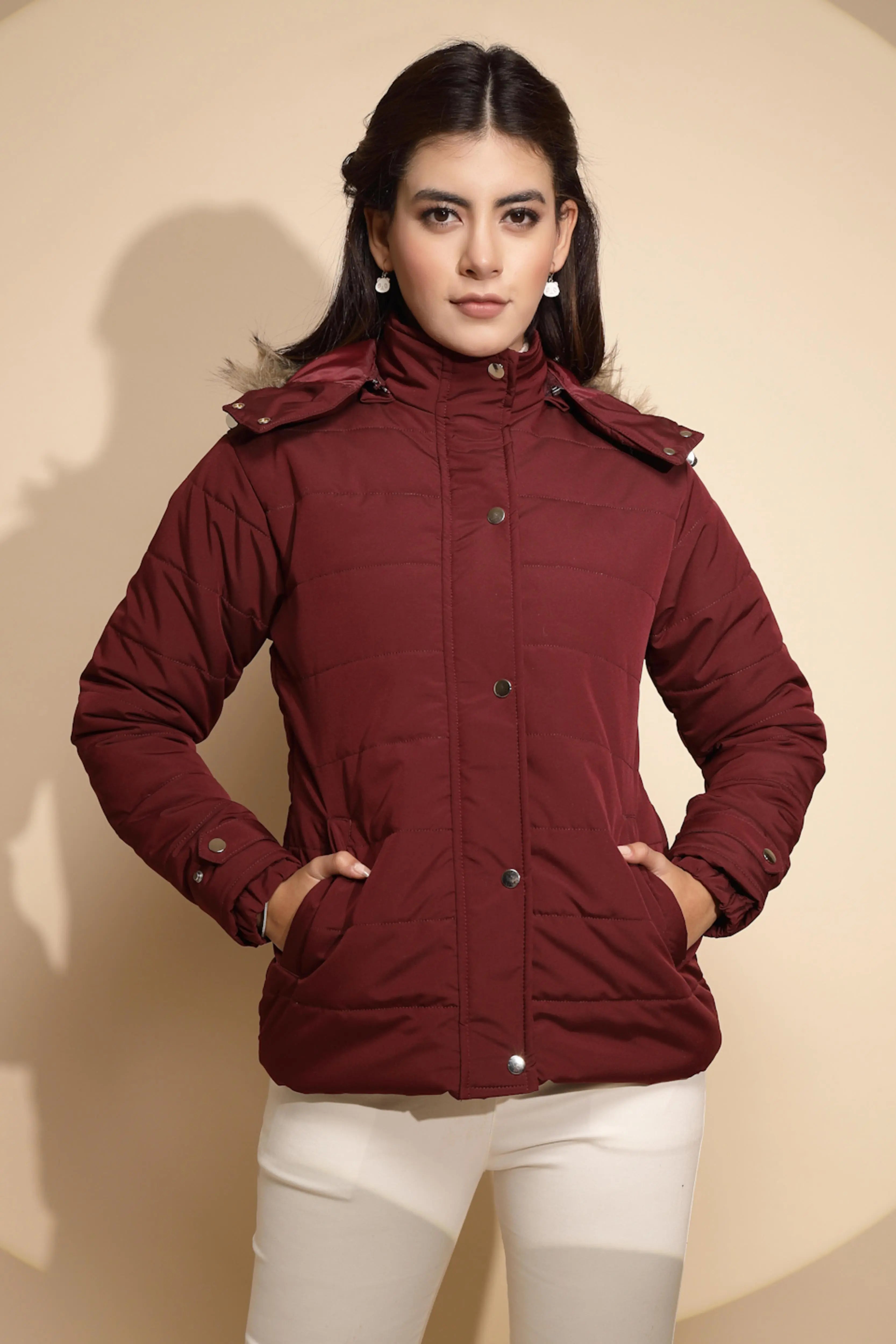 Women Maroon Solid Full Sleeve Regular fit Hooded Jacket - Global Republic