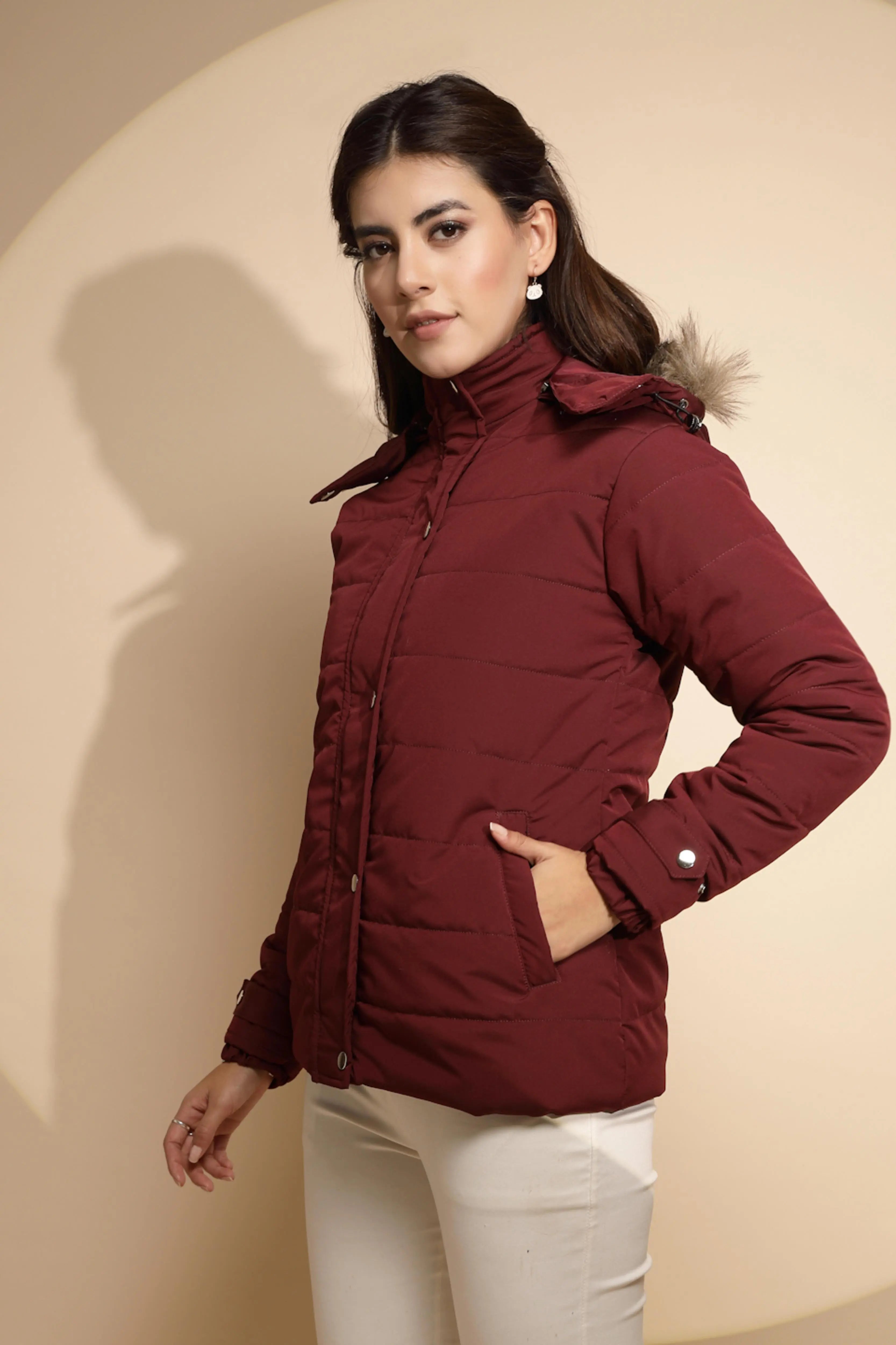Women Maroon Solid Full Sleeve Regular fit Hooded Jacket - Global Republic