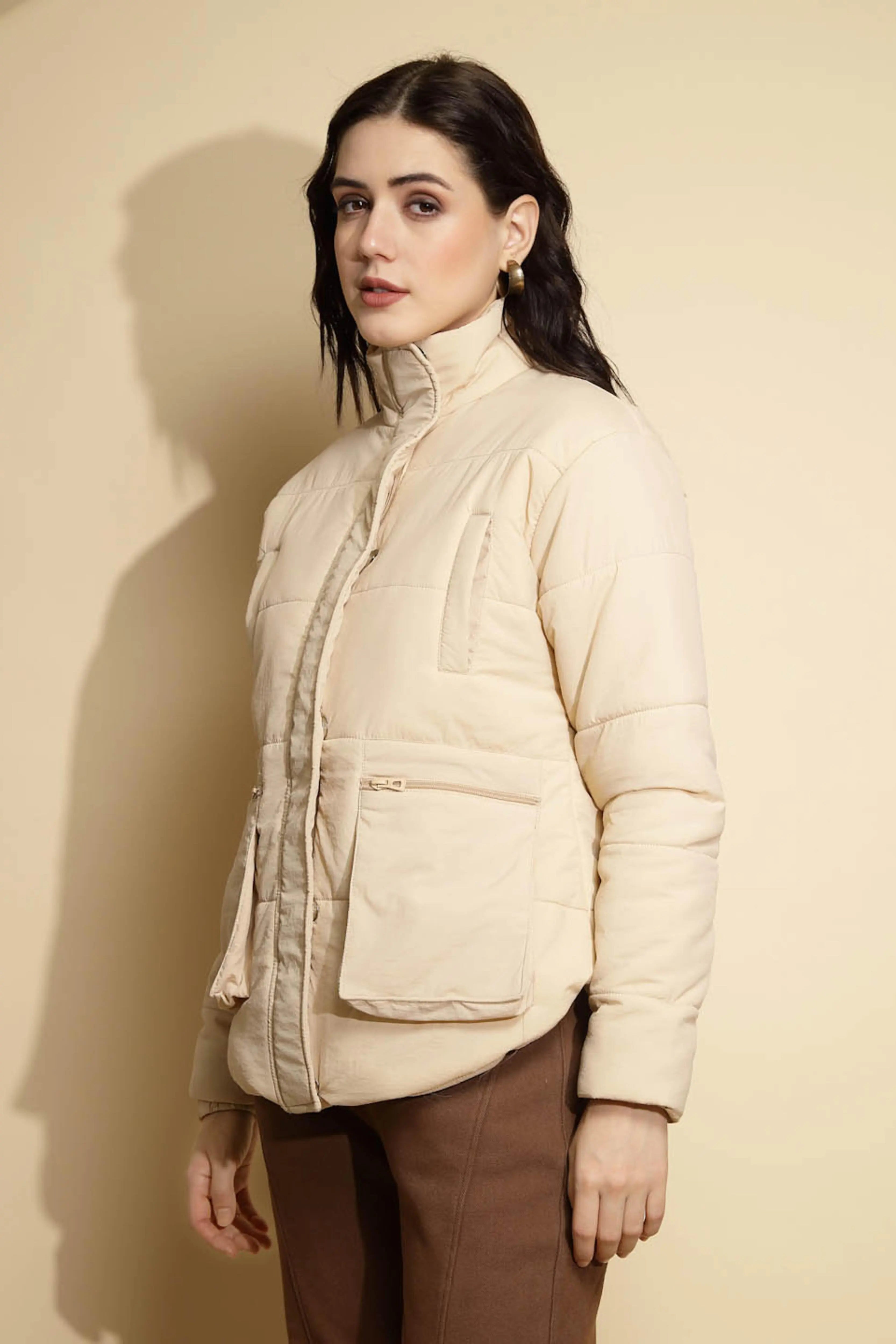 Beige Solid Puffer Jacket - Global Republic