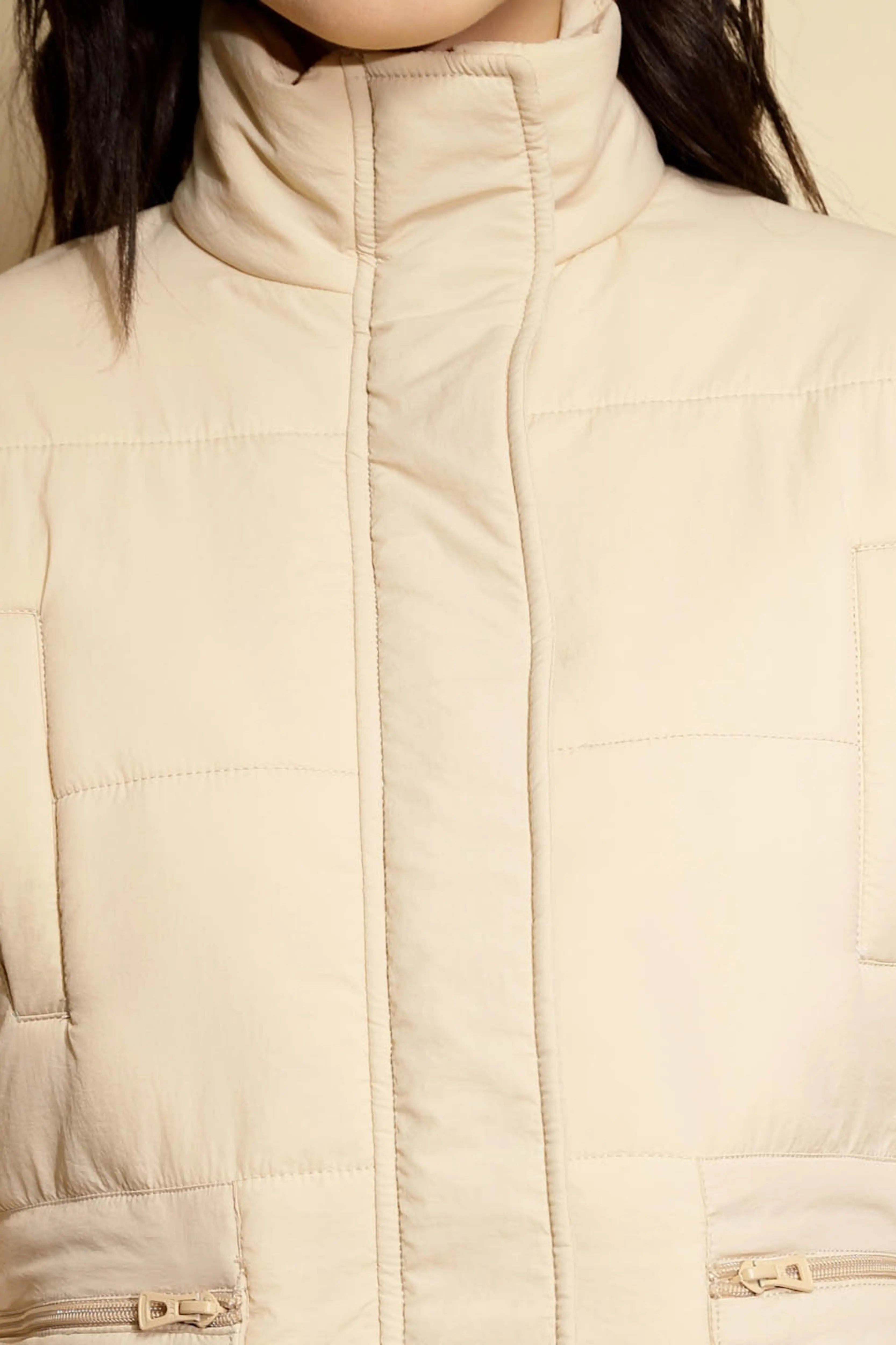 Beige Solid Puffer Jacket - Global Republic