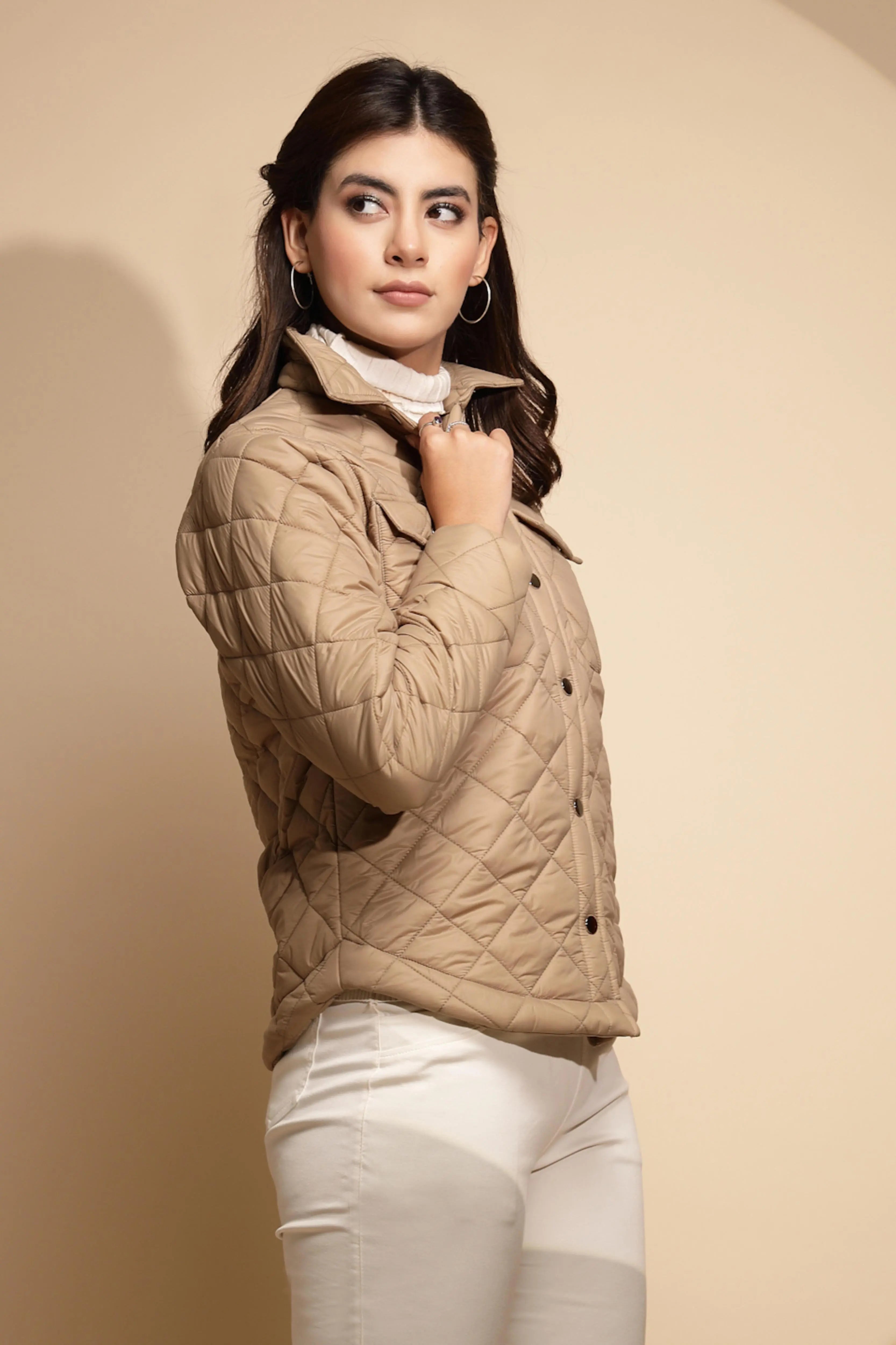 Women Beige Solid Full Sleeve Collar Neck Shacket - Global Republic
