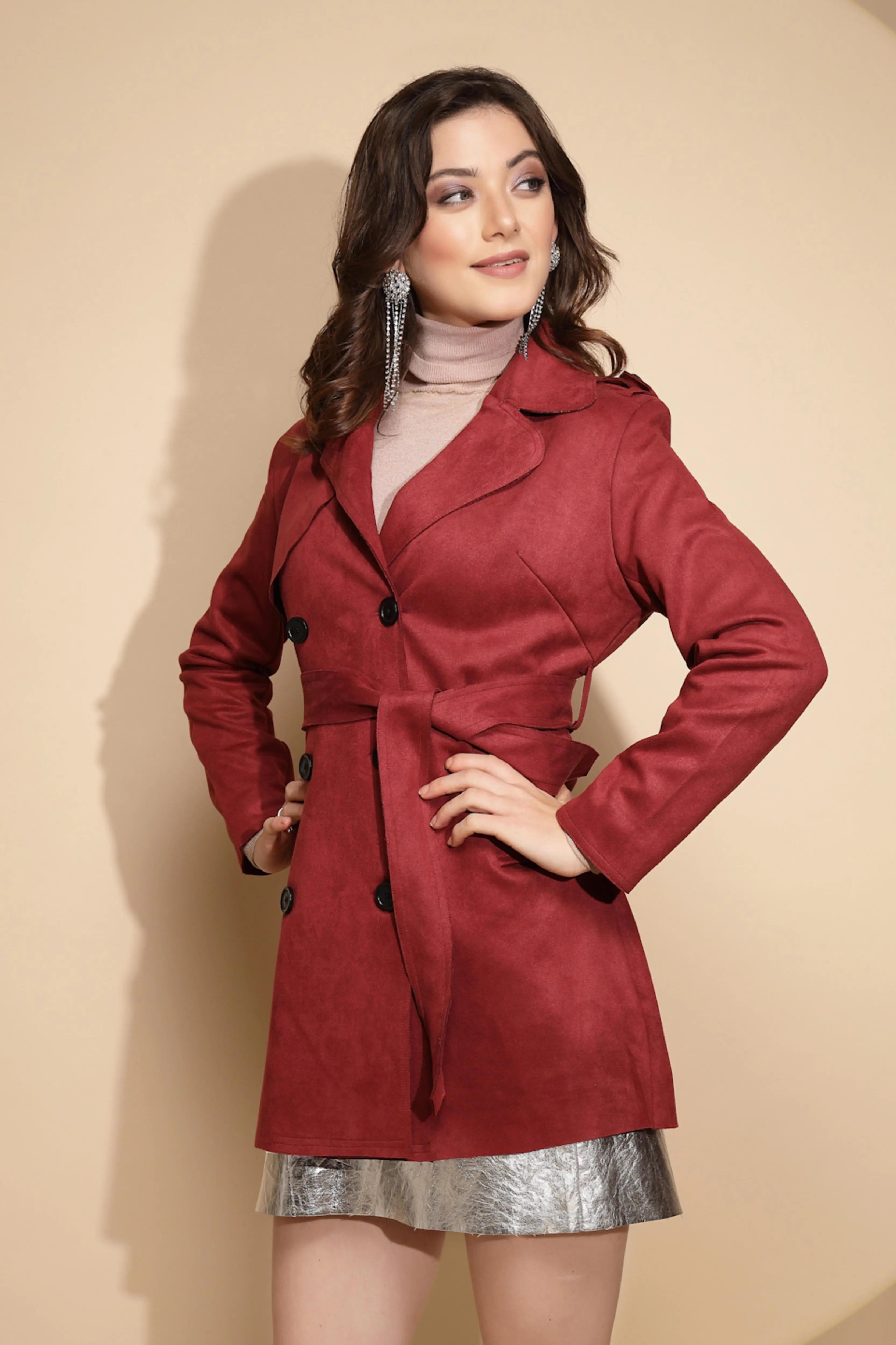 Maroon Solid Wool Blend Coat - Global Republic