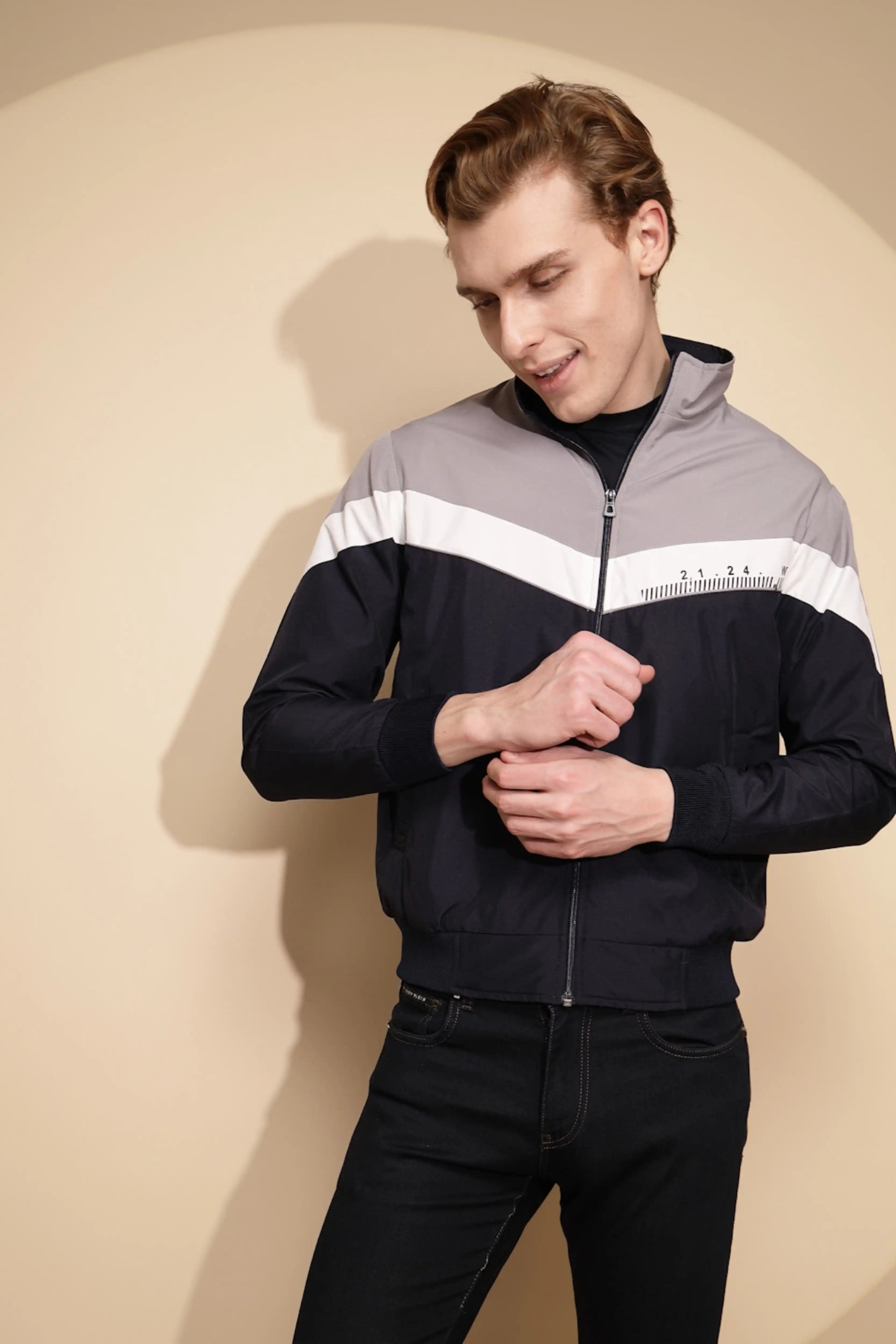 Navy Grey Solid cotton Jacket