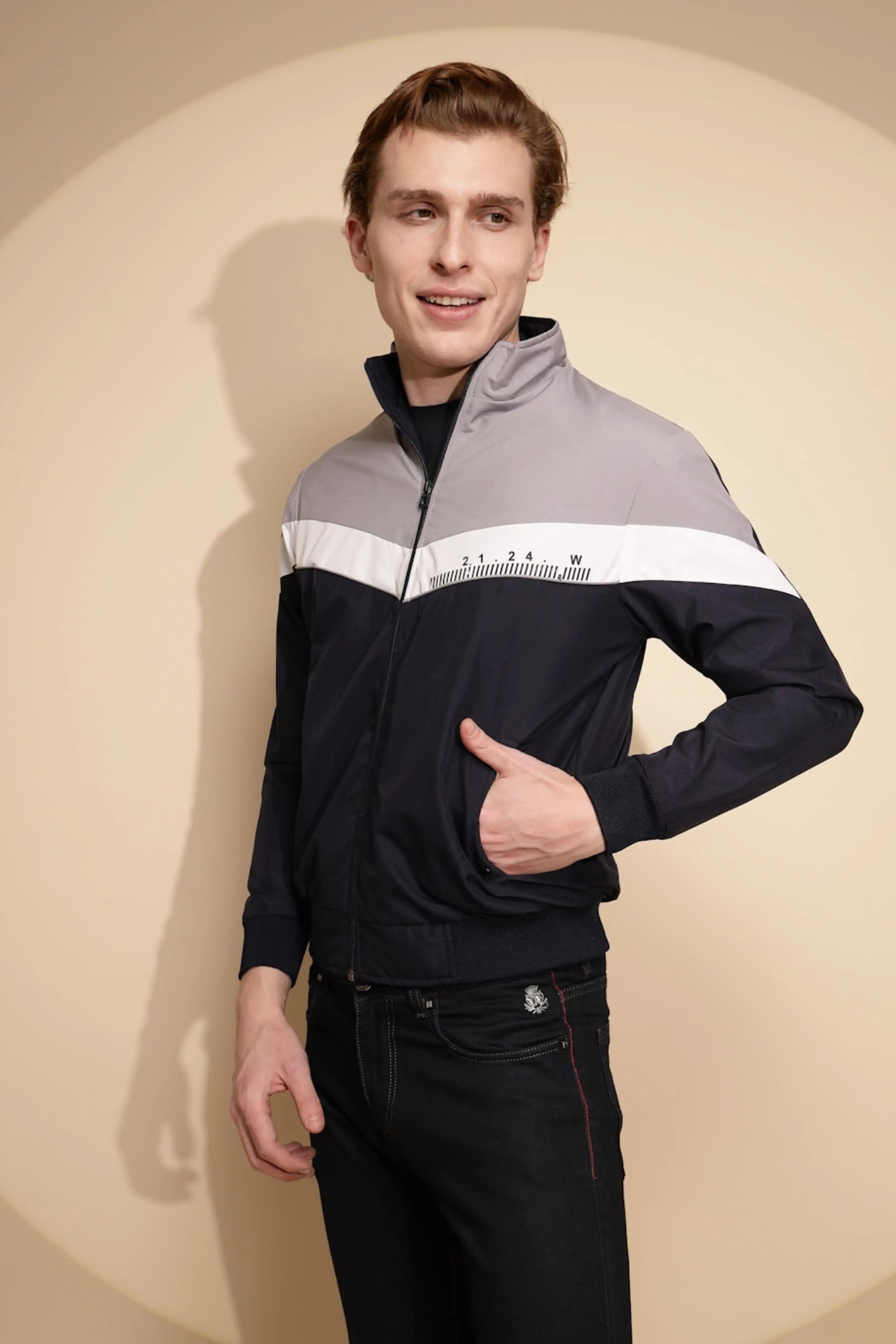 Navy Grey Solid cotton Jacket