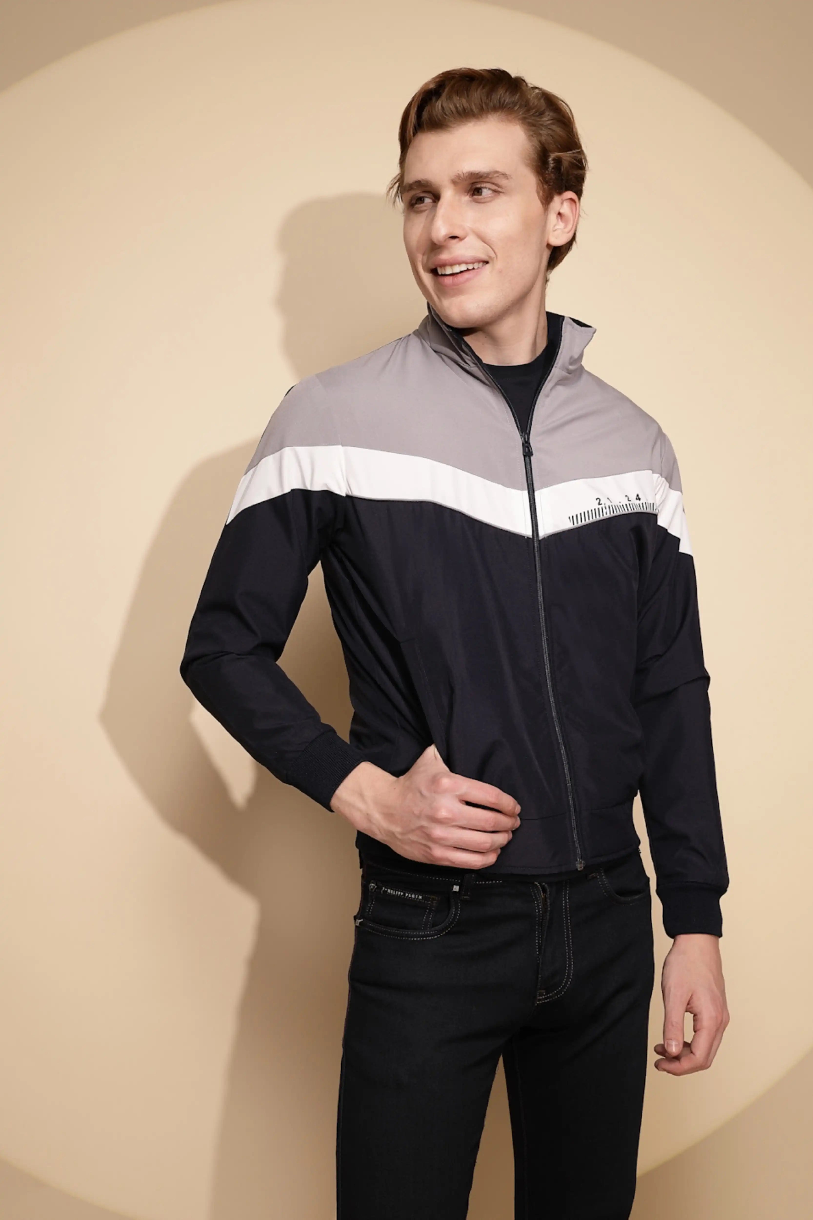 Navy Grey Solid cotton Jacket