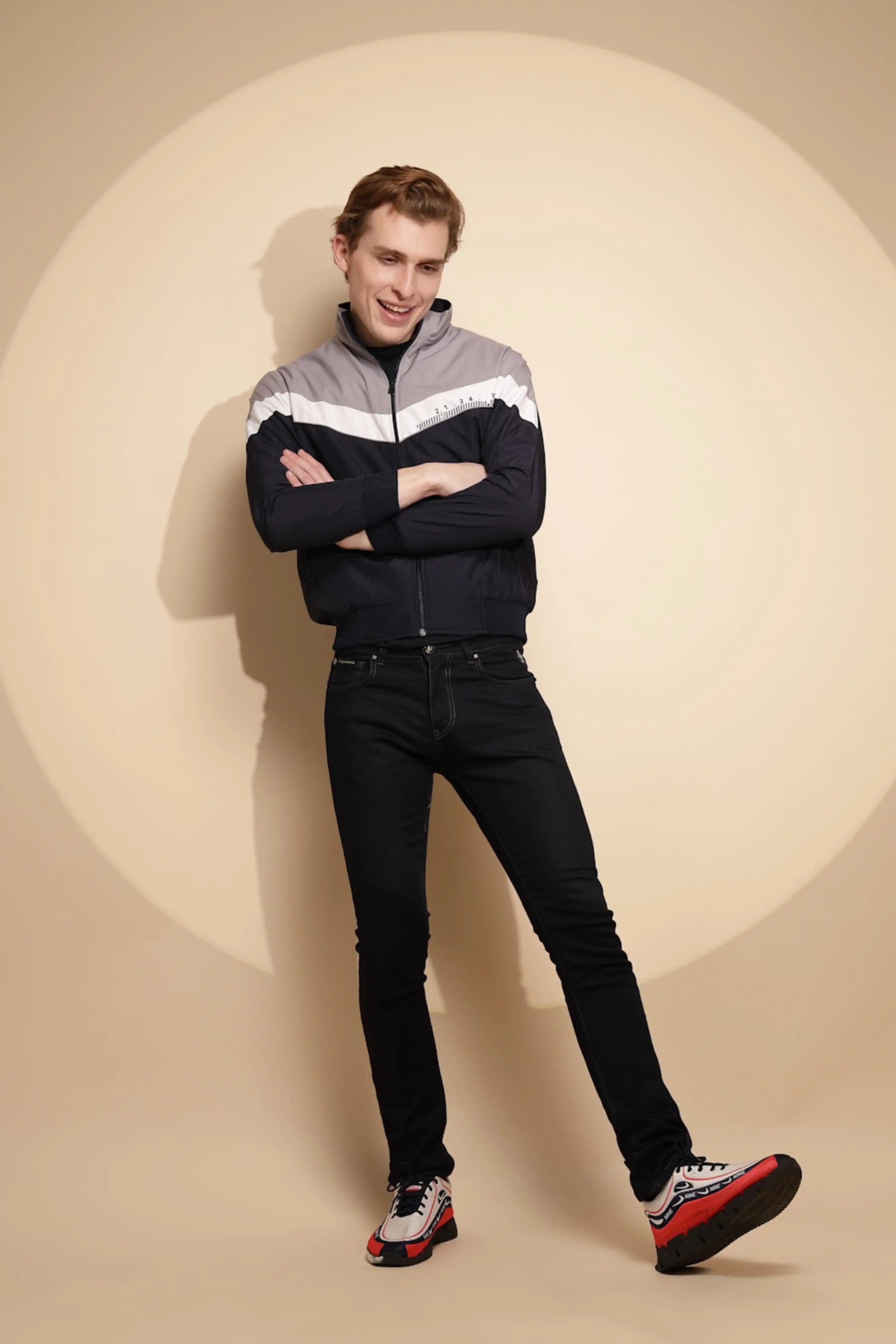 Navy Grey Solid cotton Jacket